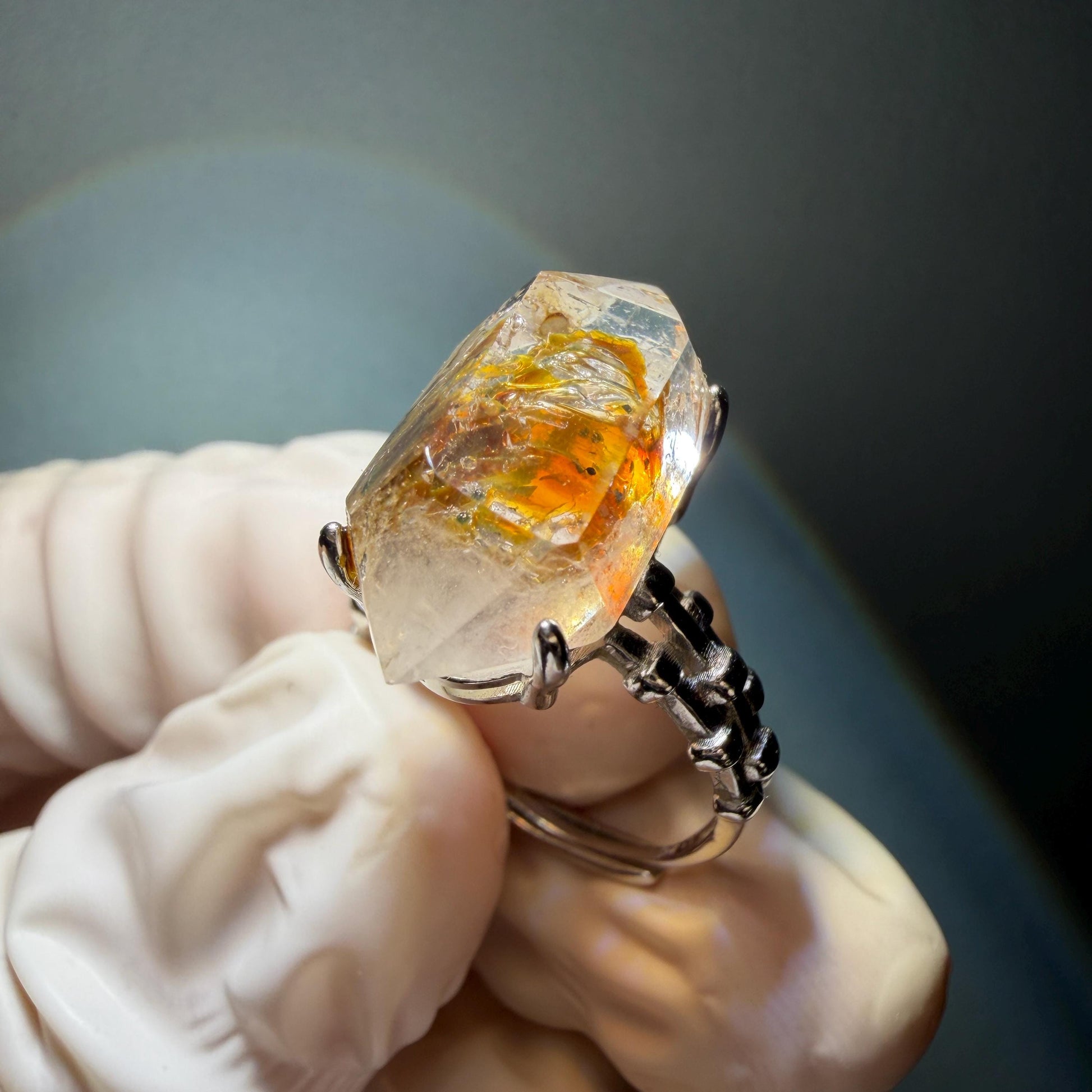 Polished Petroleum Enhydro Quartz S925 Silver Adjustable Ring: Moving Sand & Clear Bubble in Golden Red Petroleum Oil Inclusion | Natural Gemstone Birthstone Gift for her golden red oil enhydro quartz cocktail ring for women bold ring for men meditation rock healing stone chakra crystal big size ring crystal band ring herkimer diamond silver ring stackable ring women statement ring minerals specimen inclusion quartz inclusion crystal