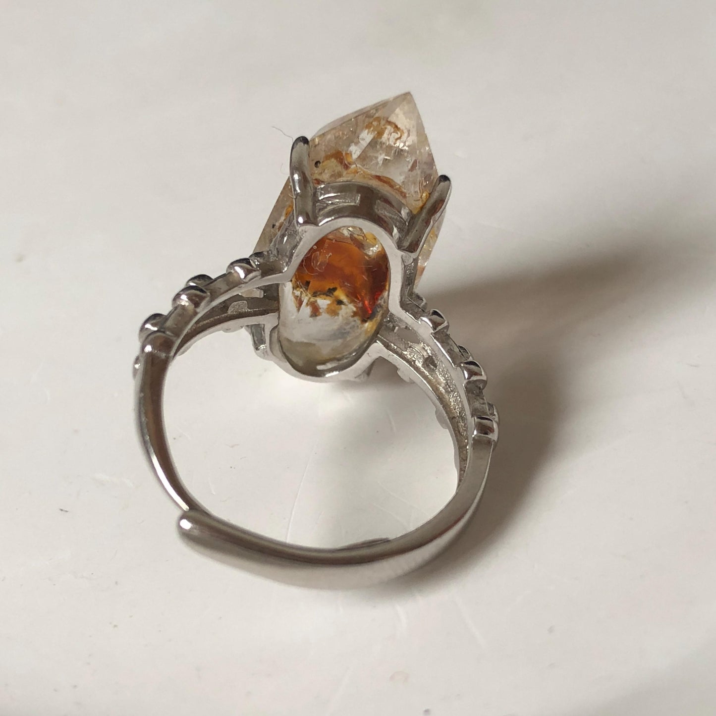 Polished Petroleum Enhydro Quartz S925 Silver Adjustable Ring: Moving Sand & Clear Bubble in Golden Red Petroleum Oil Inclusion | Natural Gemstone Birthstone Gift for her golden red oil enhydro quartz cocktail ring for women bold ring for men meditation rock healing stone chakra crystal big size ring crystal band ring herkimer diamond silver ring stackable ring women statement ring minerals specimen inclusion quartz inclusion crystal