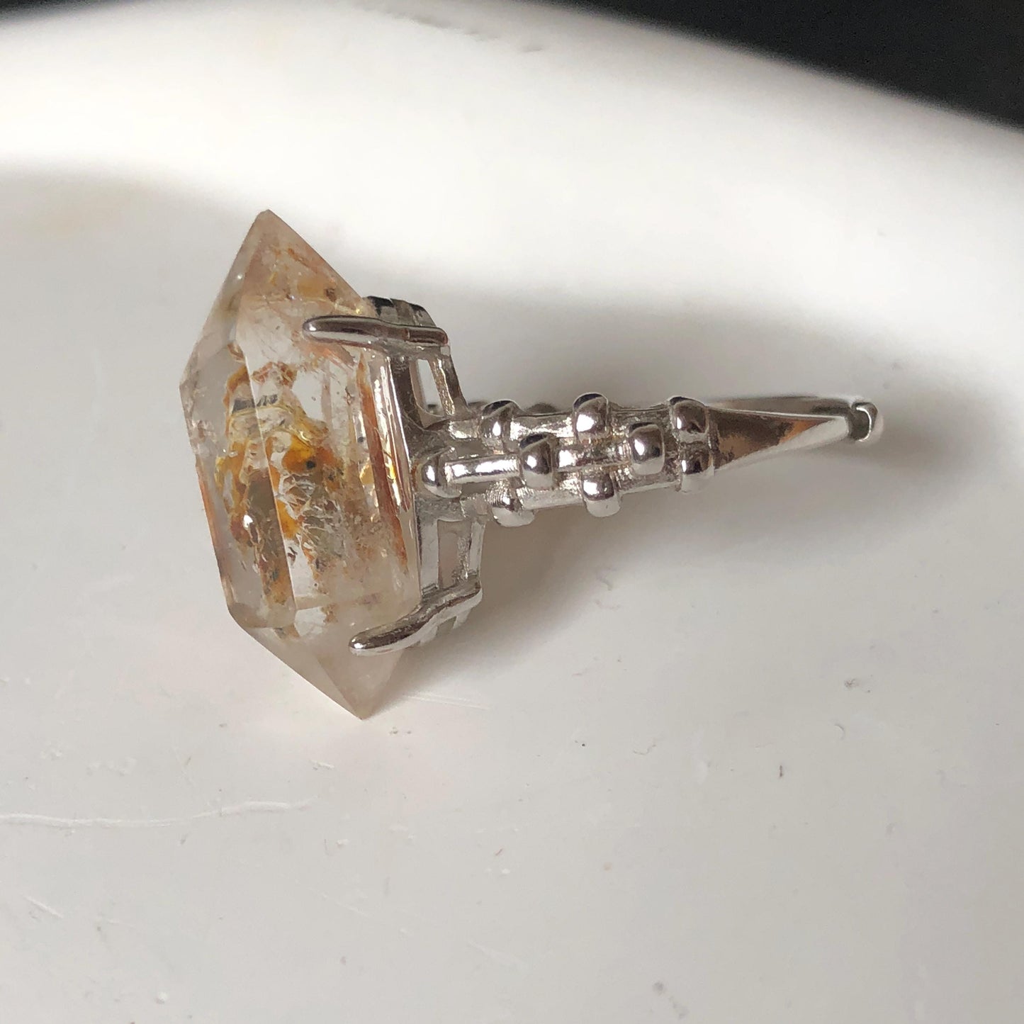 Polished Petroleum Enhydro Quartz S925 Silver Adjustable Ring: Moving Sand & Clear Bubble in Golden Red Petroleum Oil Inclusion | Natural Gemstone Birthstone Gift for her golden red oil enhydro quartz cocktail ring for women bold ring for men meditation rock healing stone chakra crystal big size ring crystal band ring herkimer diamond silver ring stackable ring women statement ring minerals specimen inclusion quartz inclusion crystal