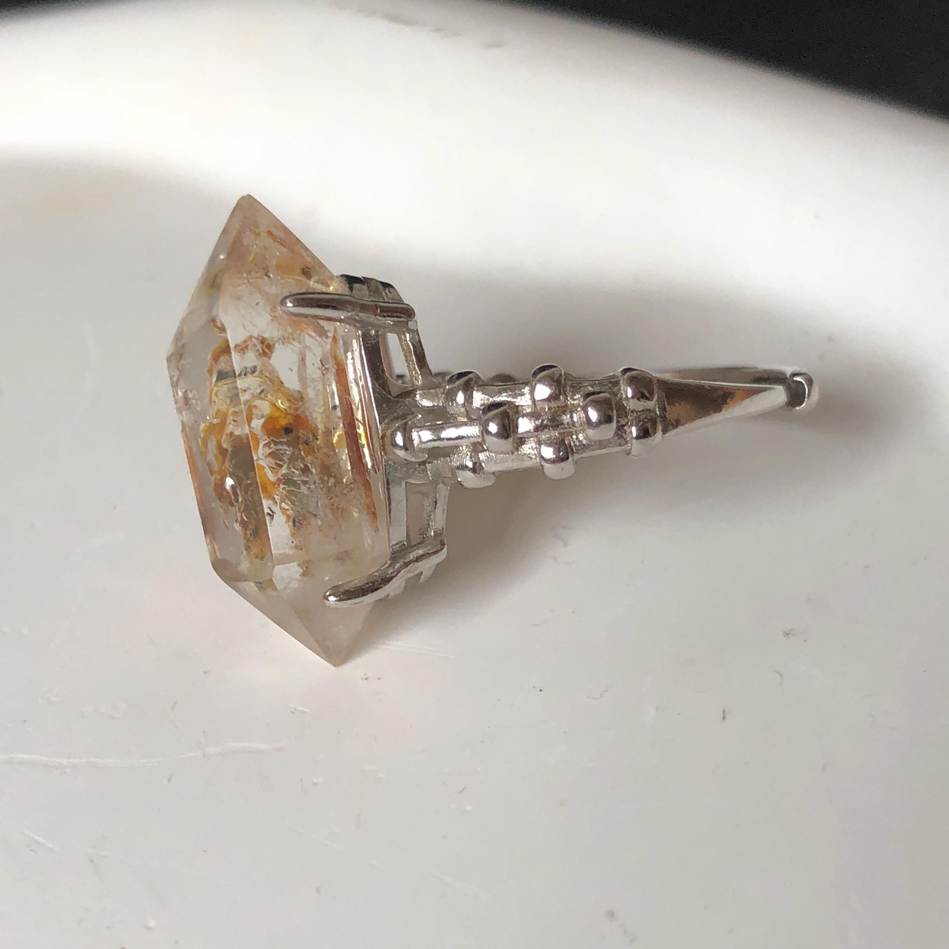 Polished Petroleum Enhydro Quartz S925 Silver Adjustable Ring: Moving Sand & Clear Bubble in Golden Red Petroleum Oil Inclusion | Natural Gemstone Birthstone Gift for her golden red oil enhydro quartz cocktail ring for women bold ring for men meditation rock healing stone chakra crystal big size ring crystal band ring herkimer diamond silver ring stackable ring women statement ring minerals specimen inclusion quartz inclusion crystal