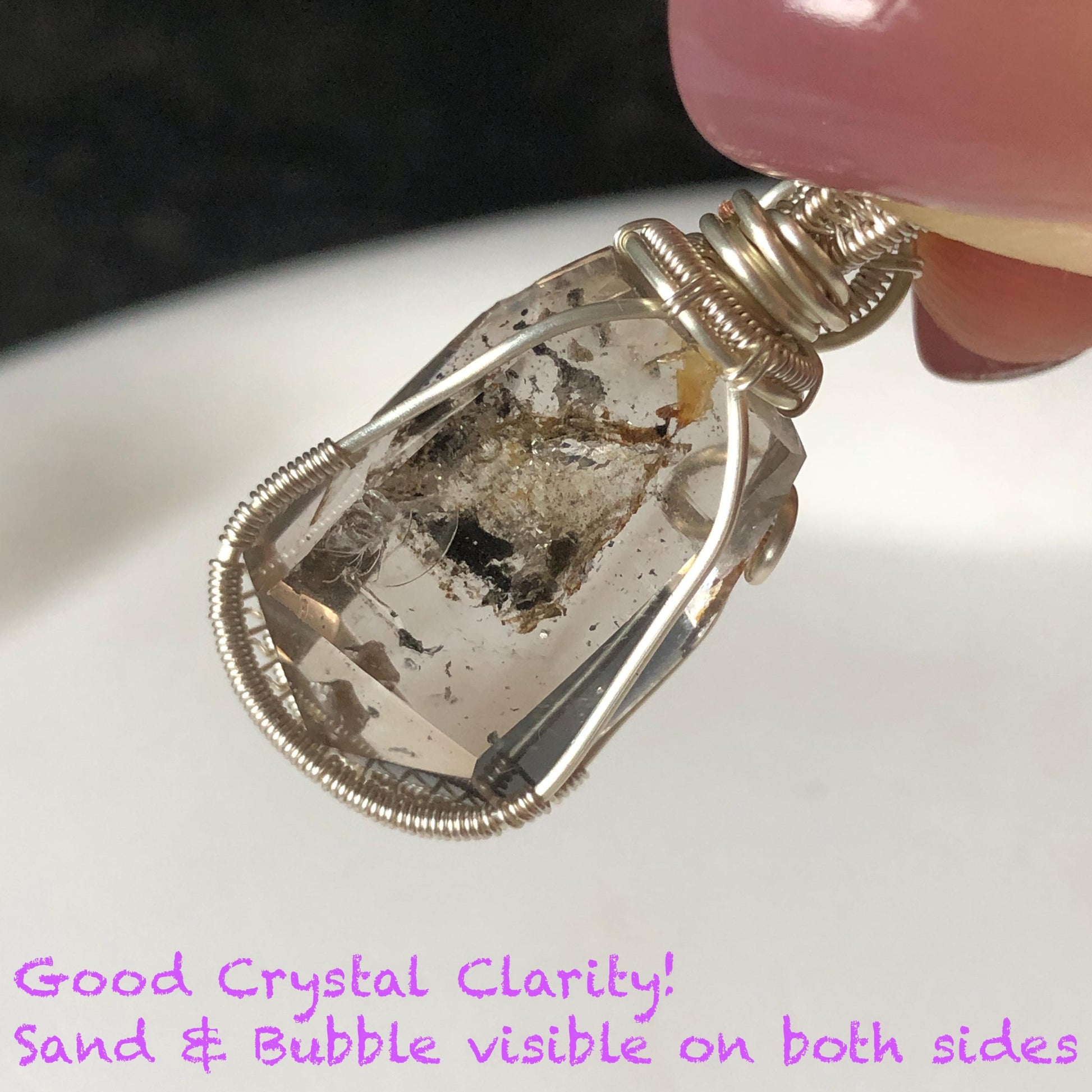 Rare Polished Smoky Enhydro Quartz (Herkimer Diamond) Wire Wrapped Small Pendant Adjustable Choker Necklace | Moving Sand Waterfall & Clear Bubble with Black Tourmaline Inclusion Crystal | Natural Gemstone Birthstone Gift for her enhydro quartz sand water-fall gemstone charm stone pendant choker polished stone pendant crystal charm birthstone gift for her men necklace chakra crystal purify stone minerals specimen adjustable choker silver wire wrapped pendant inclusion crystal meditation stone