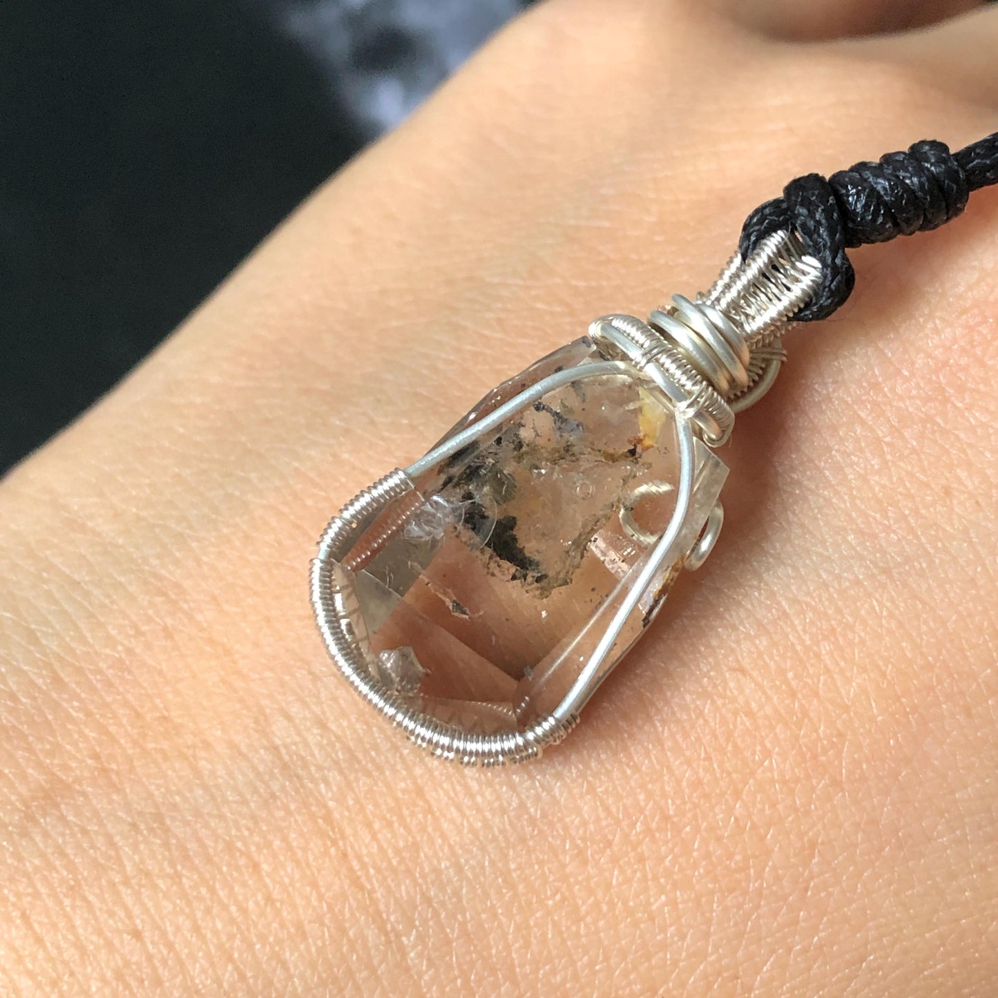 Rare Polished Smoky Enhydro Quartz (Herkimer Diamond) Wire Wrapped Small Pendant Adjustable Choker Necklace | Moving Sand Waterfall & Clear Bubble with Black Tourmaline Inclusion Crystal | Natural Gemstone Birthstone Gift for her enhydro quartz sand water-fall gemstone charm stone pendant choker polished stone pendant crystal charm birthstone gift for her men necklace chakra crystal purify stone minerals specimen adjustable choker silver wire wrapped pendant inclusion crystal meditation stone