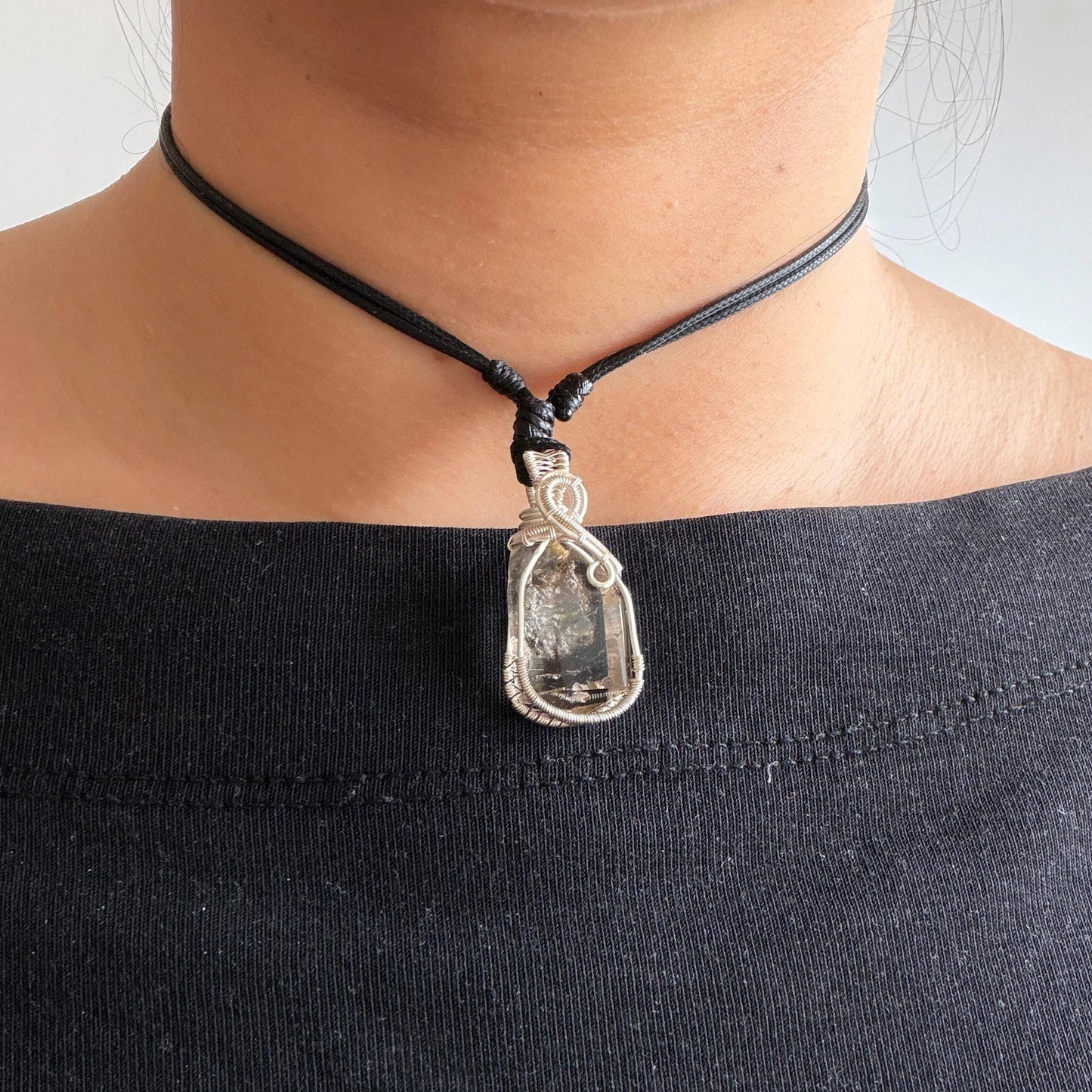 Rare Polished Smoky Enhydro Quartz (Herkimer Diamond) Wire Wrapped Small Pendant Adjustable Choker Necklace | Moving Sand Waterfall & Clear Bubble with Black Tourmaline Inclusion Crystal | Natural Gemstone Birthstone Gift for her enhydro quartz sand water-fall gemstone charm stone pendant choker polished stone pendant crystal charm birthstone gift for her men necklace chakra crystal purify stone minerals specimen adjustable choker silver wire wrapped pendant inclusion crystal meditation stone