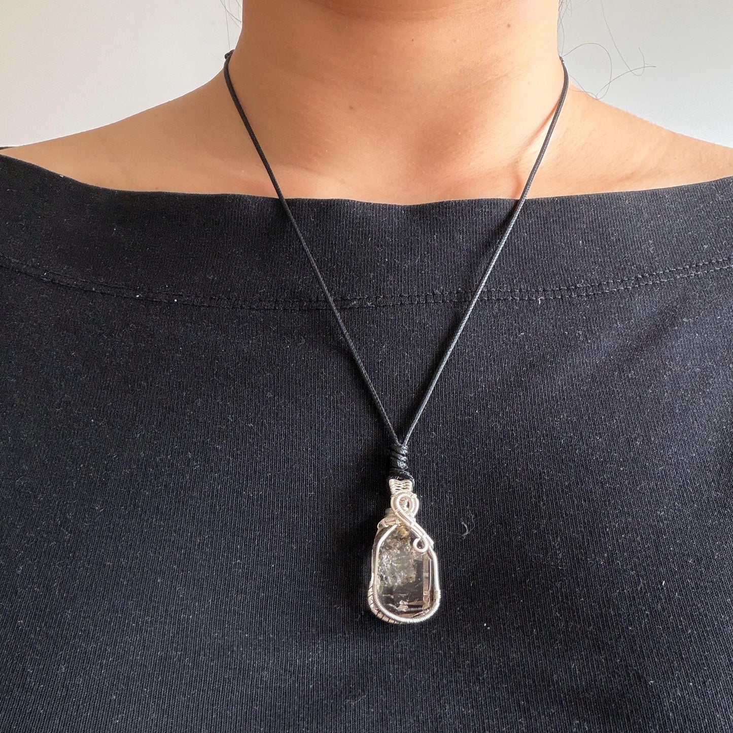 Rare Polished Smoky Enhydro Quartz (Herkimer Diamond) Wire Wrapped Small Pendant Adjustable Choker Necklace | Moving Sand Waterfall & Clear Bubble with Black Tourmaline Inclusion Crystal | Natural Gemstone Birthstone Gift for her enhydro quartz sand water-fall gemstone charm stone pendant choker polished stone pendant crystal charm birthstone gift for her men necklace chakra crystal purify stone minerals specimen adjustable choker silver wire wrapped pendant inclusion crystal meditation stone