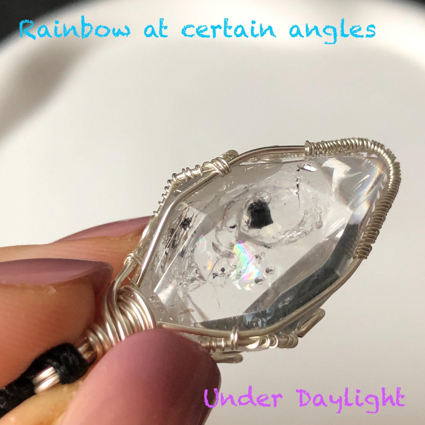 Rare Polished Enhydro Quartz (Herkimer Diamond) Wire Wrapped Pendant Adjustable Choker Necklace: Multiple Moving Sand & Bubble with Black Tourmaline Inclusion Crystal | Natural Gemstone Birthstone Gift for her  enhydro quartz sand water-fall gemstone charm stone pendant choker polished stone pendant crystal charm birthstone gift for her men necklace chakra crystal purify stone minerals specimen adjustable choker silver wire wrapped pendant inclusion crystal meditation stone