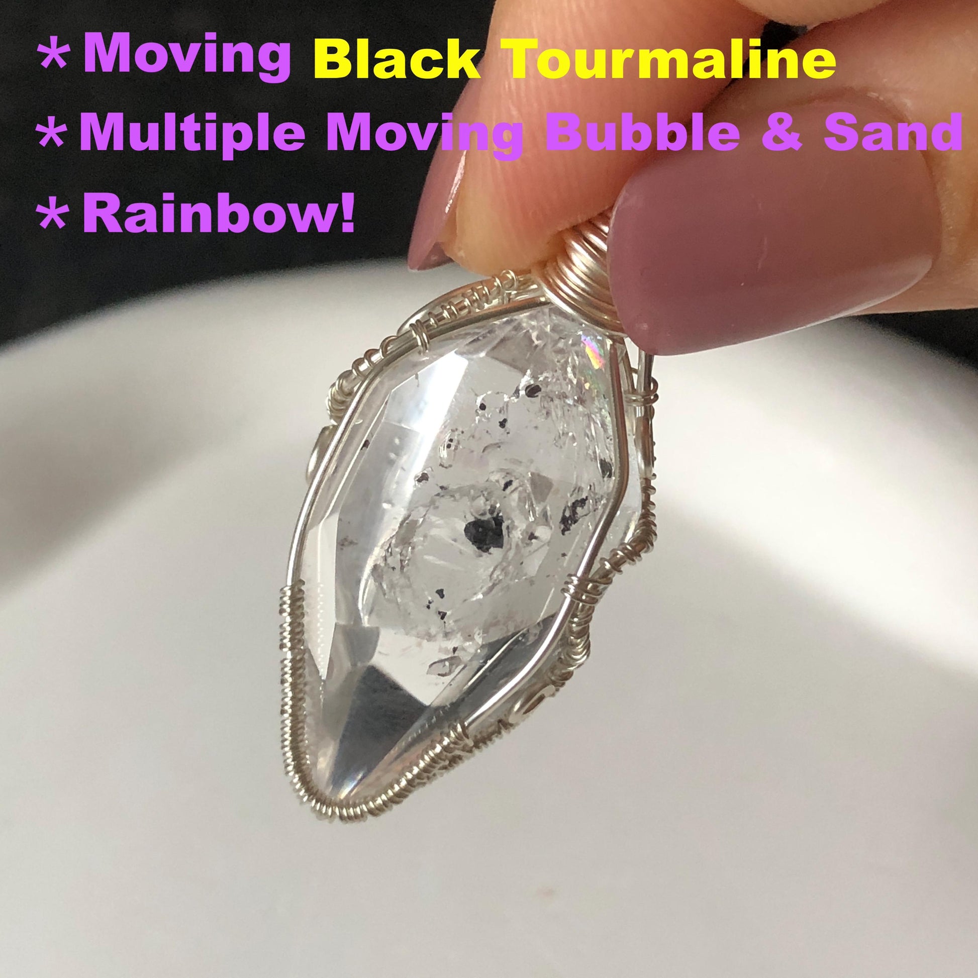 Rare Polished Enhydro Quartz (Herkimer Diamond) Wire Wrapped Pendant Adjustable Choker Necklace: Multiple Moving Sand & Bubble with Black Tourmaline Inclusion Crystal | Natural Gemstone Birthstone Gift for her  enhydro quartz sand water-fall gemstone charm stone pendant choker polished stone pendant crystal charm birthstone gift for her men necklace chakra crystal purify stone minerals specimen adjustable choker silver wire wrapped pendant inclusion crystal meditation stone
