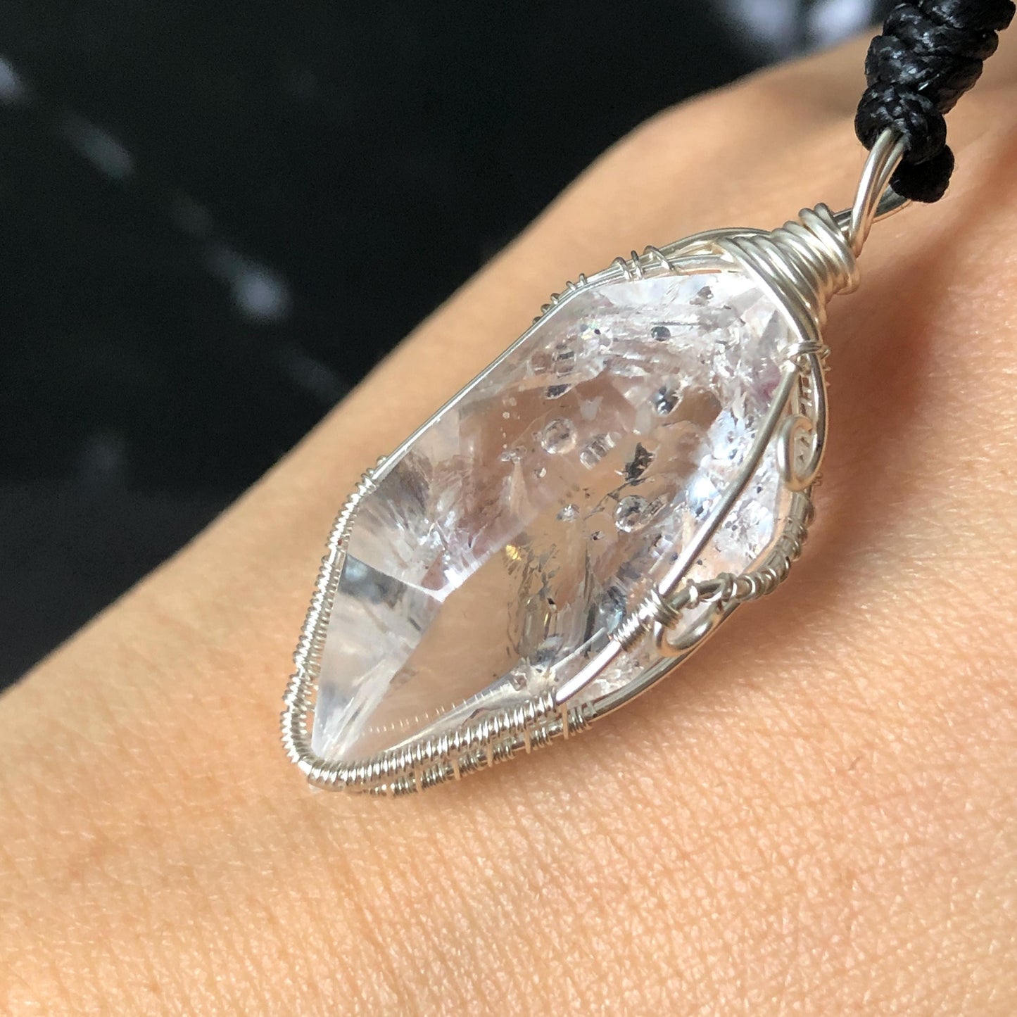 Rare Polished Enhydro Quartz (Herkimer Diamond) Wire Wrapped Pendant Adjustable Choker Necklace: Multiple Moving Sand & Bubble with Black Tourmaline Inclusion Crystal | Natural Gemstone Birthstone Gift for her  enhydro quartz sand water-fall gemstone charm stone pendant choker polished stone pendant crystal charm birthstone gift for her men necklace chakra crystal purify stone minerals specimen adjustable choker silver wire wrapped pendant inclusion crystal meditation stone