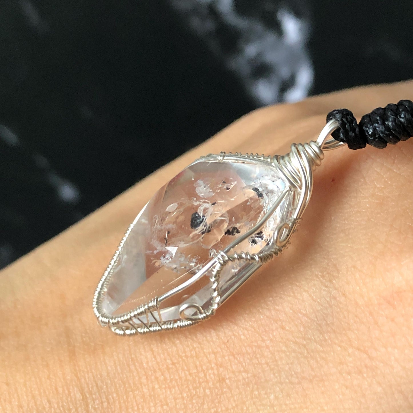 Rare Polished Enhydro Quartz (Herkimer Diamond) Wire Wrapped Pendant Adjustable Choker Necklace: Multiple Moving Sand & Bubble with Black Tourmaline Inclusion Crystal | Natural Gemstone Birthstone Gift for her  enhydro quartz sand water-fall gemstone charm stone pendant choker polished stone pendant crystal charm birthstone gift for her men necklace chakra crystal purify stone minerals specimen adjustable choker silver wire wrapped pendant inclusion crystal meditation stone