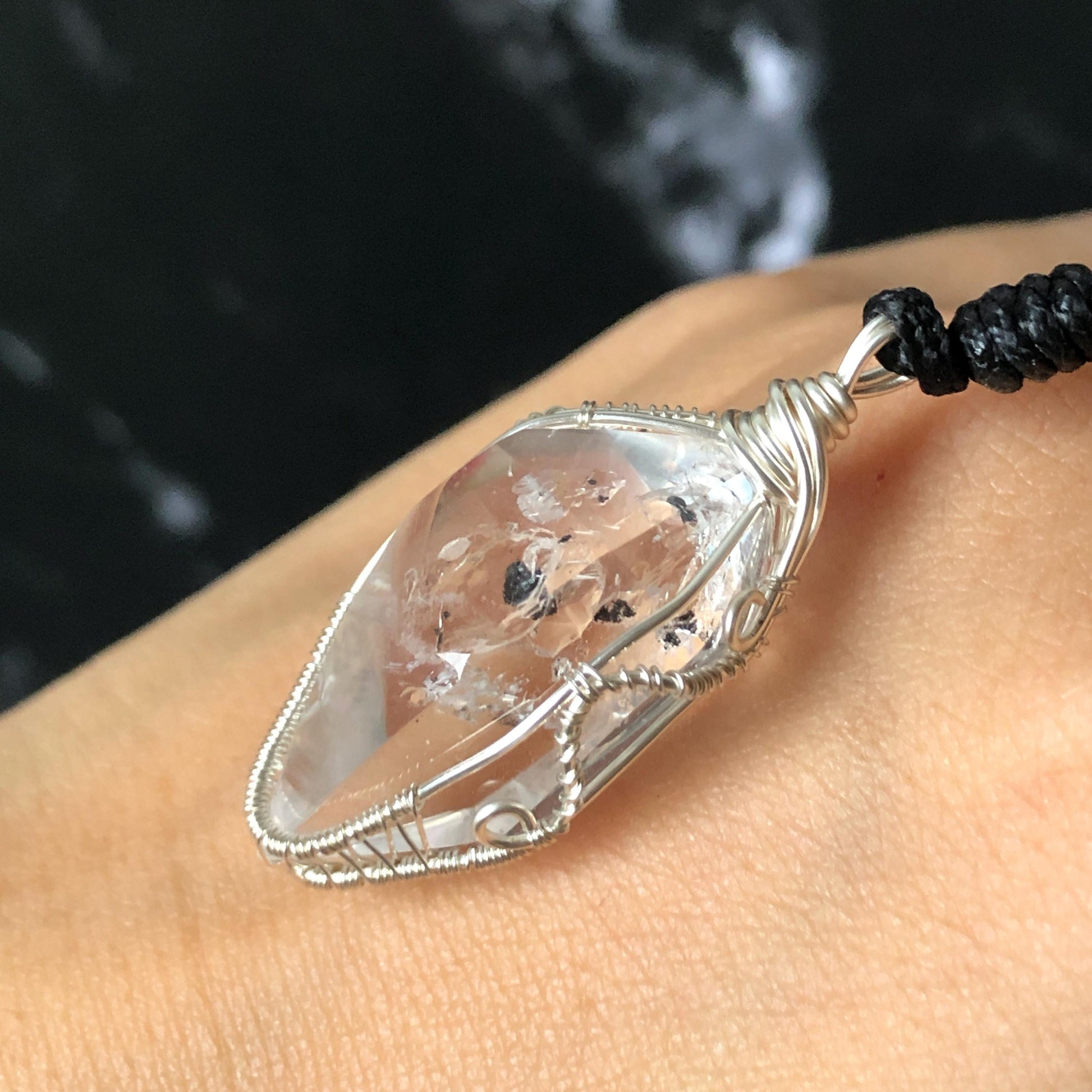 Rare Polished Enhydro Quartz (Herkimer Diamond) Wire Wrapped Pendant Adjustable Choker Necklace: Multiple Moving Sand & Bubble with Black Tourmaline Inclusion Crystal | Natural Gemstone Birthstone Gift for her  enhydro quartz sand water-fall gemstone charm stone pendant choker polished stone pendant crystal charm birthstone gift for her men necklace chakra crystal purify stone minerals specimen adjustable choker silver wire wrapped pendant inclusion crystal meditation stone
