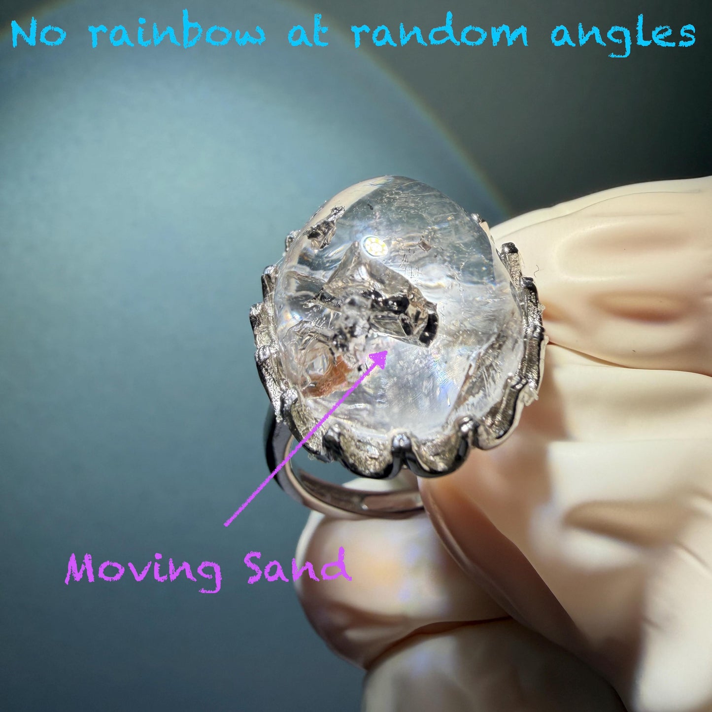 Rare Polished Enhydro Quartz (Herkimer Diamond) s925 Silver Adjustable Ring: Big Rainbow! Flowing Black Sand Inclusion Crystal Statement Ring for Women ring crystal band ring cocktail ring crystal stackable ring 7 chakra crystal ring meditation crystal healing stone birthstone silver ring ring for men rainbow quartz inclusion quartz inclusion crystal minerals specimen silver ring free size ring adjustable ring holder rain quartz enhydro crystal inclusion crystal inclusion quartz sand inclusion