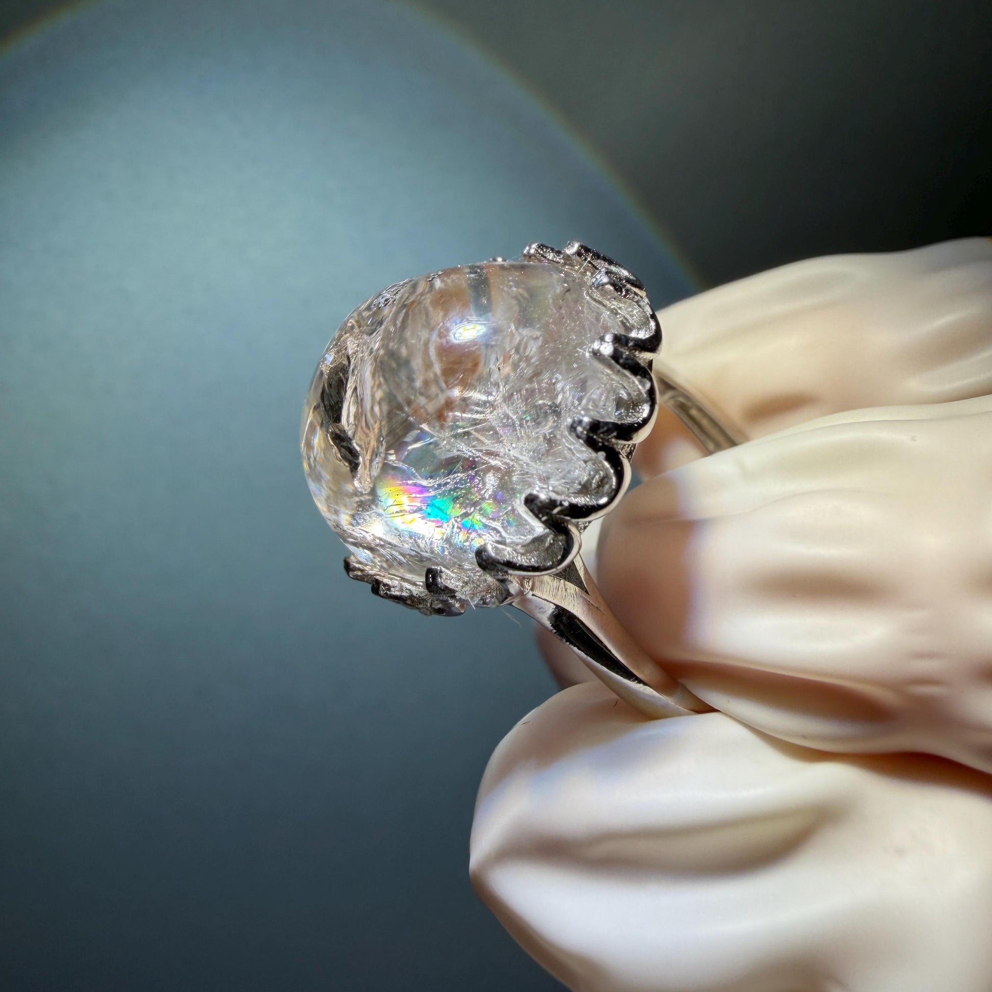 Rare Polished Enhydro Quartz (Herkimer Diamond) s925 Silver Adjustable Ring: Big Rainbow! Flowing Black Sand Inclusion Crystal Statement Ring for Women ring crystal band ring cocktail ring crystal stackable ring 7 chakra crystal ring meditation crystal healing stone birthstone silver ring ring for men rainbow quartz inclusion quartz inclusion crystal minerals specimen silver ring free size ring adjustable ring holder rain quartz enhydro crystal inclusion crystal inclusion quartz sand inclusion
