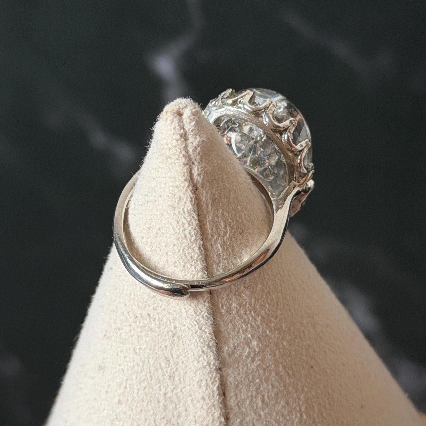 Rare Polished Enhydro Quartz (Herkimer Diamond) s925 Silver Adjustable Ring: Big Rainbow! Flowing Black Sand Inclusion Crystal Statement Ring for Women ring crystal band ring cocktail ring crystal stackable ring 7 chakra crystal ring meditation crystal healing stone birthstone silver ring ring for men rainbow quartz inclusion quartz inclusion crystal minerals specimen silver ring free size ring adjustable ring holder rain quartz enhydro crystal inclusion crystal inclusion quartz sand inclusion