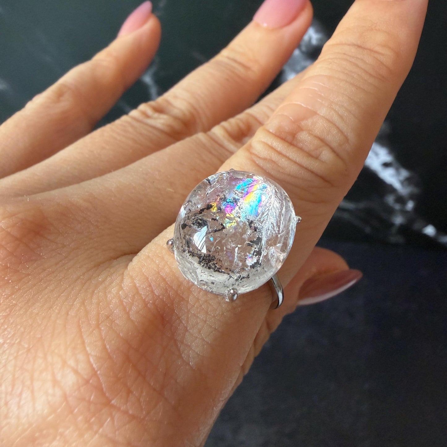 Rare Polished Enhydro Quartz (Herkimer Diamond) s925 Silver Adjustable Ring: Rainbow! Flowing Black Mica and Shifting Bubble Inclusion Crystal Statement Ring for Women ring crystal band ring cocktail ring crystal stackable ring 7 chakra crystal ring meditation crystal healing stone birthstone silver ring ring for men rainbow quartz inclusion quartz inclusion crystal minerals specimen silver ring free size ring adjustable ring holder rain quartz enhydro crystal inclusion crystal inclusion quartz