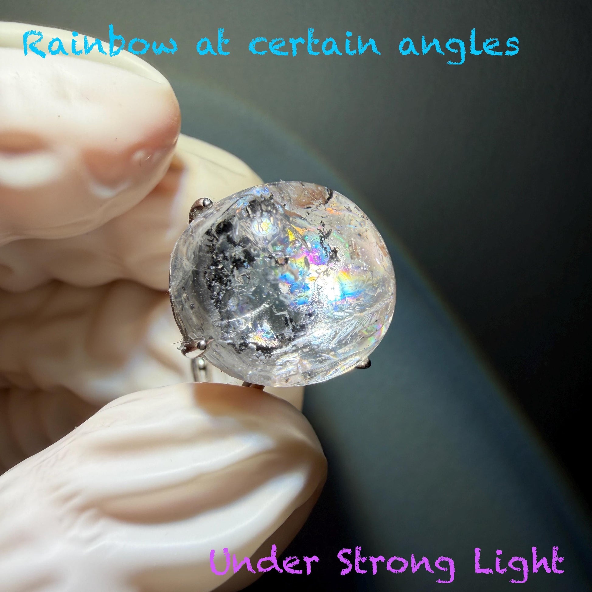 Rare Polished Enhydro Quartz (Herkimer Diamond) s925 Silver Adjustable Ring: Rainbow! Flowing Black Mica and Shifting Bubble Inclusion Crystal Statement Ring for Women ring crystal band ring cocktail ring crystal stackable ring 7 chakra crystal ring meditation crystal healing stone birthstone silver ring ring for men rainbow quartz inclusion quartz inclusion crystal minerals specimen silver ring free size ring adjustable ring holder rain quartz enhydro crystal inclusion crystal inclusion quartz