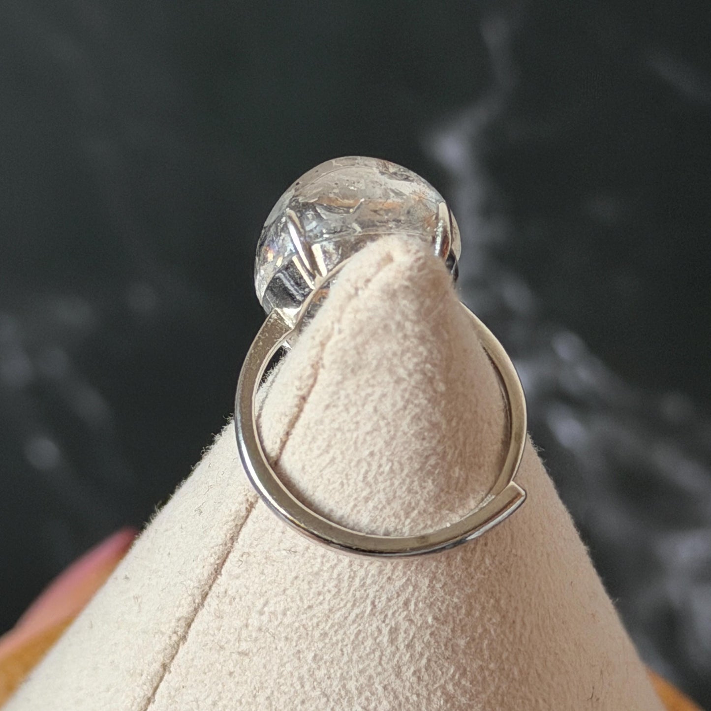 Rare Polished Enhydro Quartz (Herkimer Diamond) s925 Silver Adjustable Ring: Rainbow! Flowing Black Mica and Shifting Bubble Inclusion Crystal Statement Ring for Women ring crystal band ring cocktail ring crystal stackable ring 7 chakra crystal ring meditation crystal healing stone birthstone silver ring ring for men rainbow quartz inclusion quartz inclusion crystal minerals specimen silver ring free size ring adjustable ring holder rain quartz enhydro crystal inclusion crystal inclusion quartz