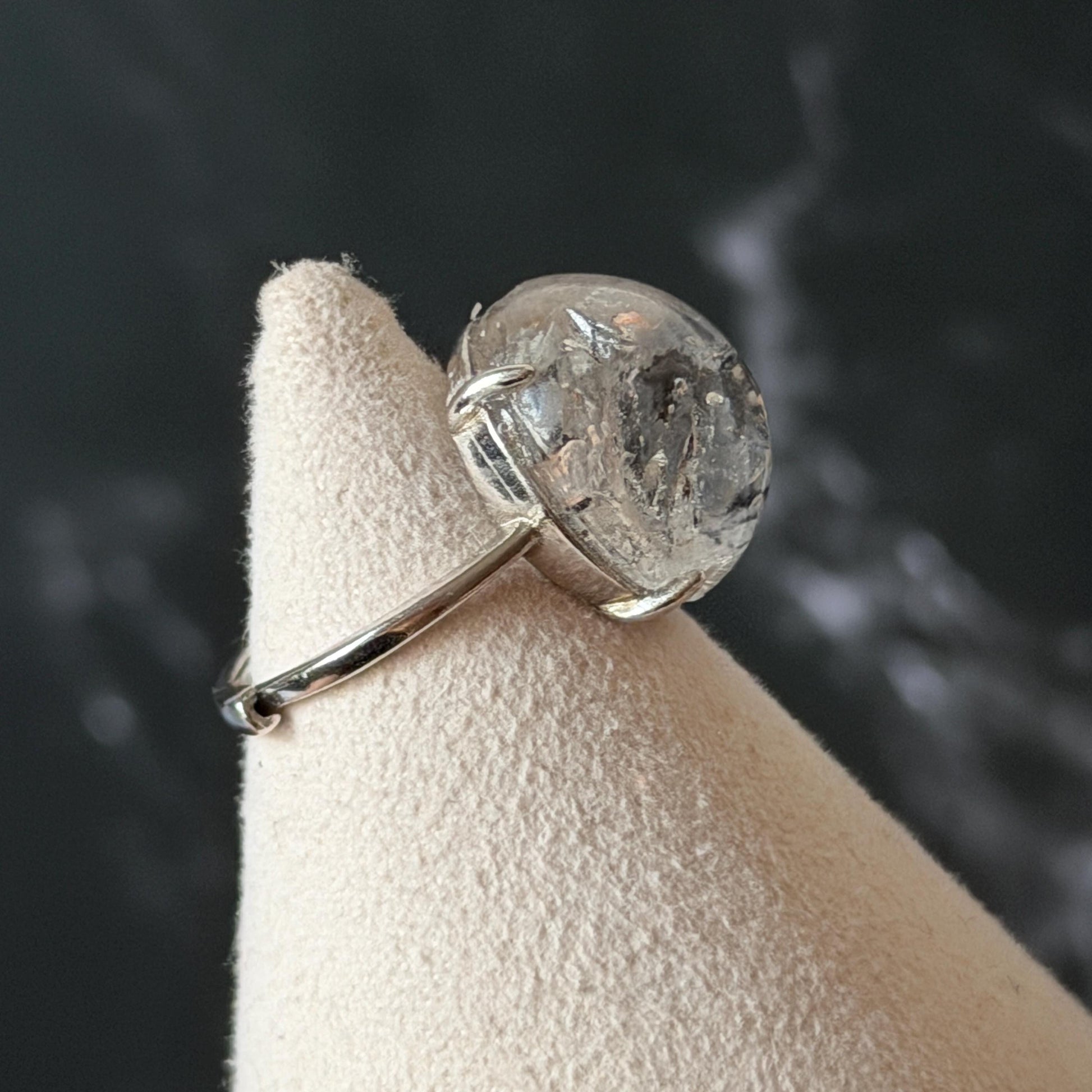 Rare Polished Enhydro Quartz (Herkimer Diamond) s925 Silver Adjustable Ring: Rainbow! Flowing Black Mica and Shifting Bubble Inclusion Crystal Statement Ring for Women ring crystal band ring cocktail ring crystal stackable ring 7 chakra crystal ring meditation crystal healing stone birthstone silver ring ring for men rainbow quartz inclusion quartz inclusion crystal minerals specimen silver ring free size ring adjustable ring holder rain quartz enhydro crystal inclusion crystal inclusion quartz