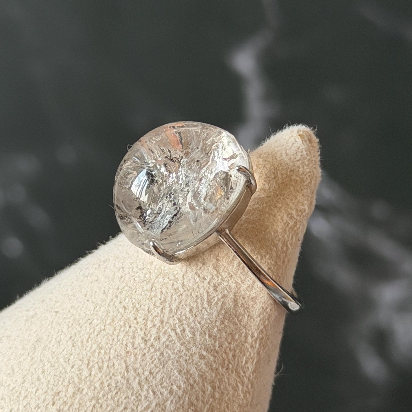 Rare Polished Enhydro Quartz (Herkimer Diamond) s925 Silver Adjustable Ring: Rainbow! Flowing Black Mica and Shifting Bubble Inclusion Crystal Statement Ring for Women ring crystal band ring cocktail ring crystal stackable ring 7 chakra crystal ring meditation crystal healing stone birthstone silver ring ring for men rainbow quartz inclusion quartz inclusion crystal minerals specimen silver ring free size ring adjustable ring holder rain quartz enhydro crystal inclusion crystal inclusion quartz