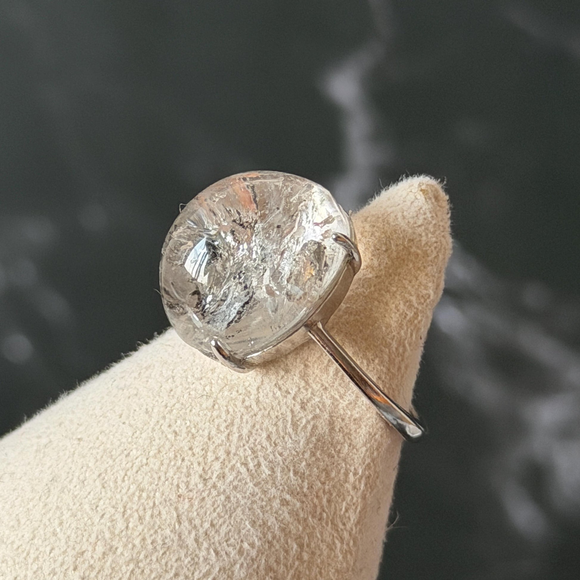 Rare Polished Enhydro Quartz (Herkimer Diamond) s925 Silver Adjustable Ring: Rainbow! Flowing Black Mica and Shifting Bubble Inclusion Crystal Statement Ring for Women ring crystal band ring cocktail ring crystal stackable ring 7 chakra crystal ring meditation crystal healing stone birthstone silver ring ring for men rainbow quartz inclusion quartz inclusion crystal minerals specimen silver ring free size ring adjustable ring holder rain quartz enhydro crystal inclusion crystal inclusion quartz