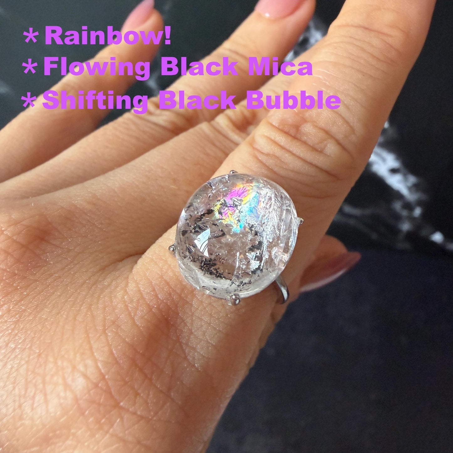 Rare Polished Enhydro Quartz (Herkimer Diamond) s925 Silver Adjustable Ring: Rainbow! Flowing Black Mica and Shifting Bubble Inclusion Crystal Statement Ring for Women ring crystal band ring cocktail ring crystal stackable ring 7 chakra crystal ring meditation crystal healing stone birthstone silver ring ring for men rainbow quartz inclusion quartz inclusion crystal minerals specimen silver ring free size ring adjustable ring holder rain quartz enhydro crystal inclusion crystal inclusion quartz
