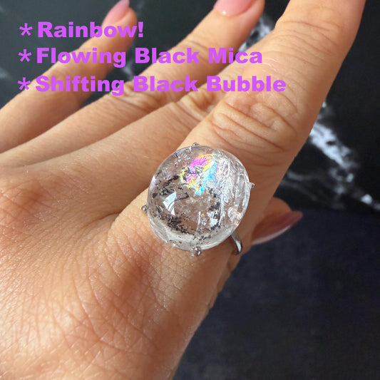 Rare Polished Enhydro Quartz (Herkimer Diamond) s925 Silver Adjustable Ring: Rainbow! Flowing Black Mica and Shifting Bubble Inclusion Crystal Statement Ring for Women ring crystal band ring cocktail ring crystal stackable ring 7 chakra crystal ring meditation crystal healing stone birthstone silver ring ring for men rainbow quartz inclusion quartz inclusion crystal minerals specimen silver ring free size ring adjustable ring holder rain quartz enhydro crystal inclusion crystal inclusion quartz