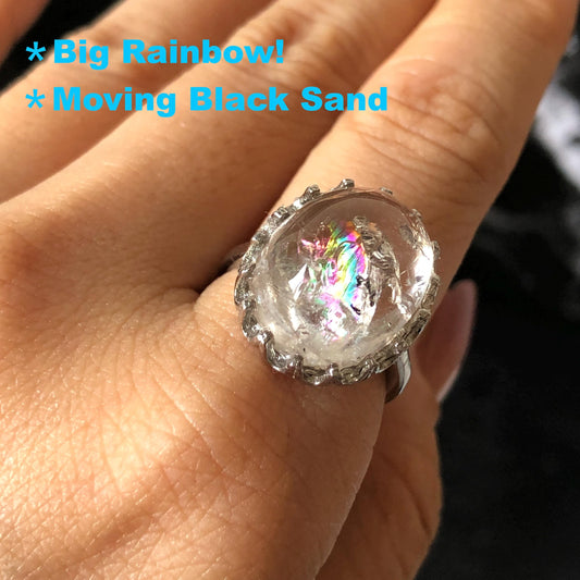 Rare Polished Enhydro Quartz (Herkimer Diamond) s925 Silver Adjustable Ring: Big Rainbow! Flowing Black Sand Inclusion Crystal Statement Ring for Women ring crystal band ring cocktail ring crystal stackable ring 7 chakra crystal ring meditation crystal healing stone birthstone silver ring ring for men rainbow quartz inclusion quartz inclusion crystal minerals specimen silver ring free size ring adjustable ring holder rain quartz enhydro crystal inclusion crystal inclusion quartz sand inclusion