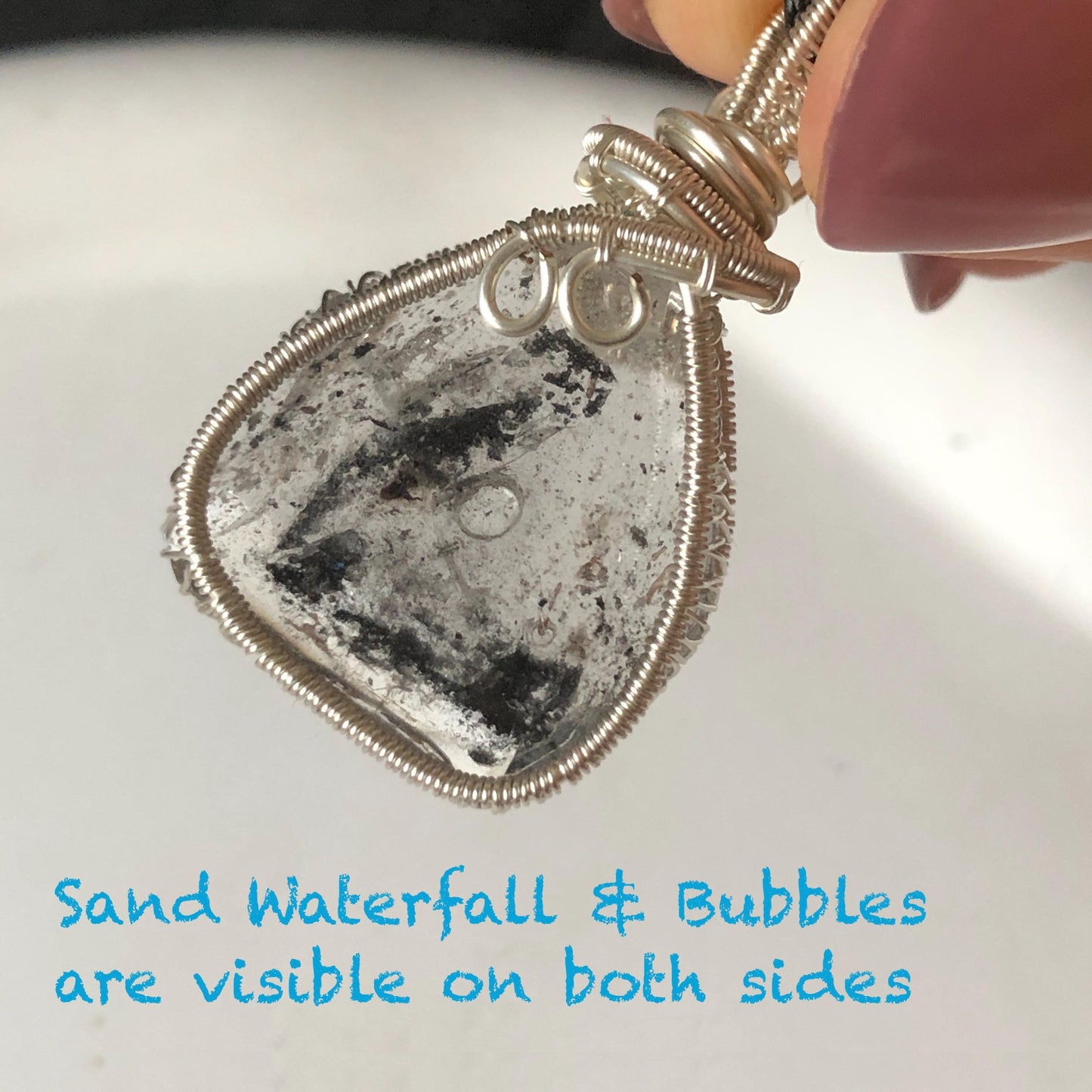 Rare Polished Enhydro Quartz (Herkimer Diamond) Wire Wrapped Small Pendant Adjustable Choker Necklace: Flowing Ink-like Black Sand Waterfall & Clear Bubbles Inclusion Crystal | Natural Gemstone Birthstone Gift for her  enhydro quartz sand water-fall pendant necklace choker gemstone charm stone pendant choker polished stone pendant crystal charm birthstone men necklace chakra crystal purify stone minerals specimen adjustable choker wire wrapped pendant sand inclusion crystal charm quick sand