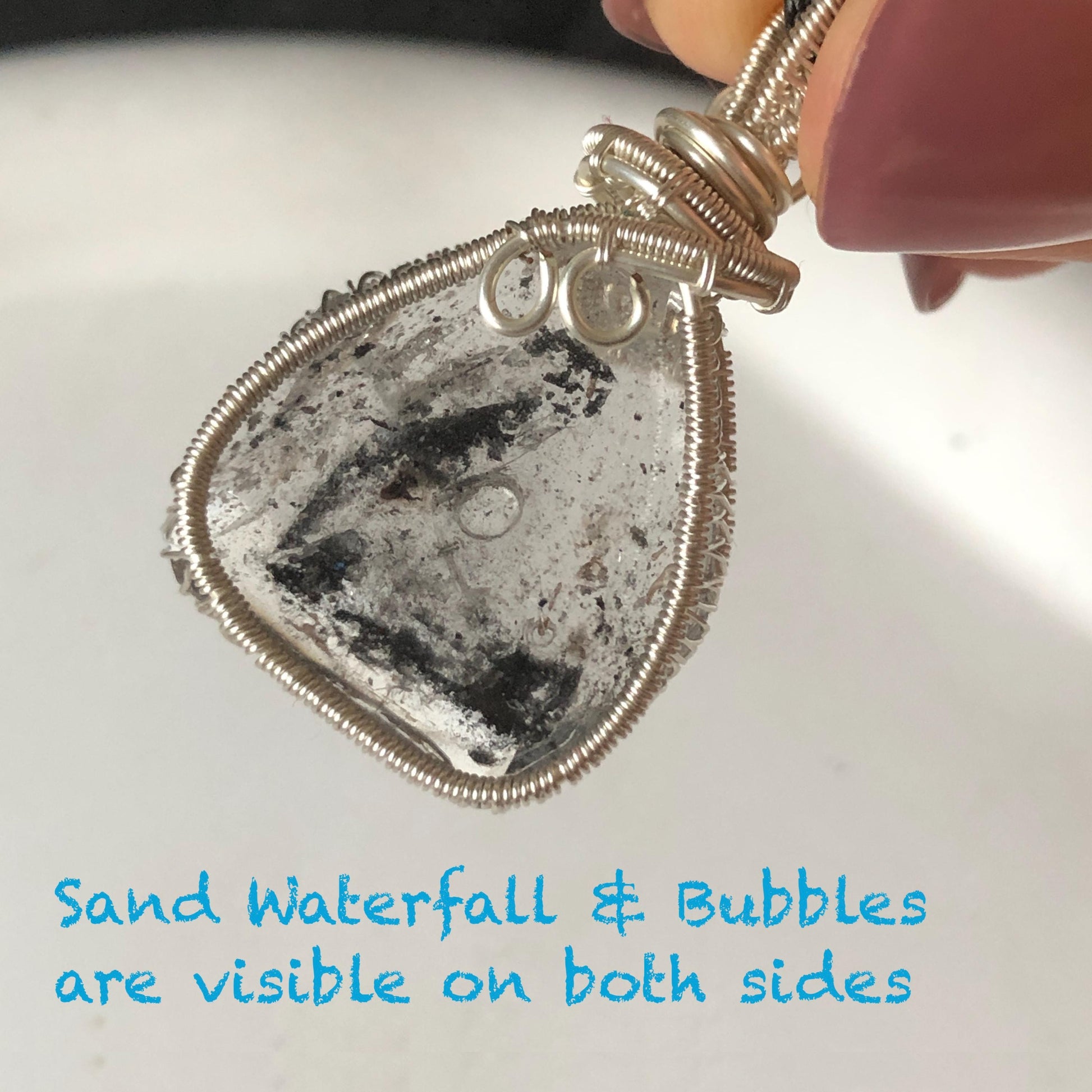 Rare Polished Enhydro Quartz (Herkimer Diamond) Wire Wrapped Small Pendant Adjustable Choker Necklace: Flowing Ink-like Black Sand Waterfall & Clear Bubbles Inclusion Crystal | Natural Gemstone Birthstone Gift for her  enhydro quartz sand water-fall pendant necklace choker gemstone charm stone pendant choker polished stone pendant crystal charm birthstone men necklace chakra crystal purify stone minerals specimen adjustable choker wire wrapped pendant sand inclusion crystal charm quick sand