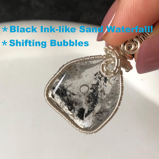 Rare Polished Enhydro Quartz (Herkimer Diamond) Wire Wrapped Small Pendant Adjustable Choker Necklace: Flowing Ink-like Black Sand Waterfall & Clear Bubbles Inclusion Crystal | Natural Gemstone Birthstone Gift for her  enhydro quartz sand water-fall pendant necklace choker gemstone charm stone pendant choker polished stone pendant crystal charm birthstone men necklace chakra crystal purify stone minerals specimen adjustable choker wire wrapped pendant sand inclusion crystal charm quick sand