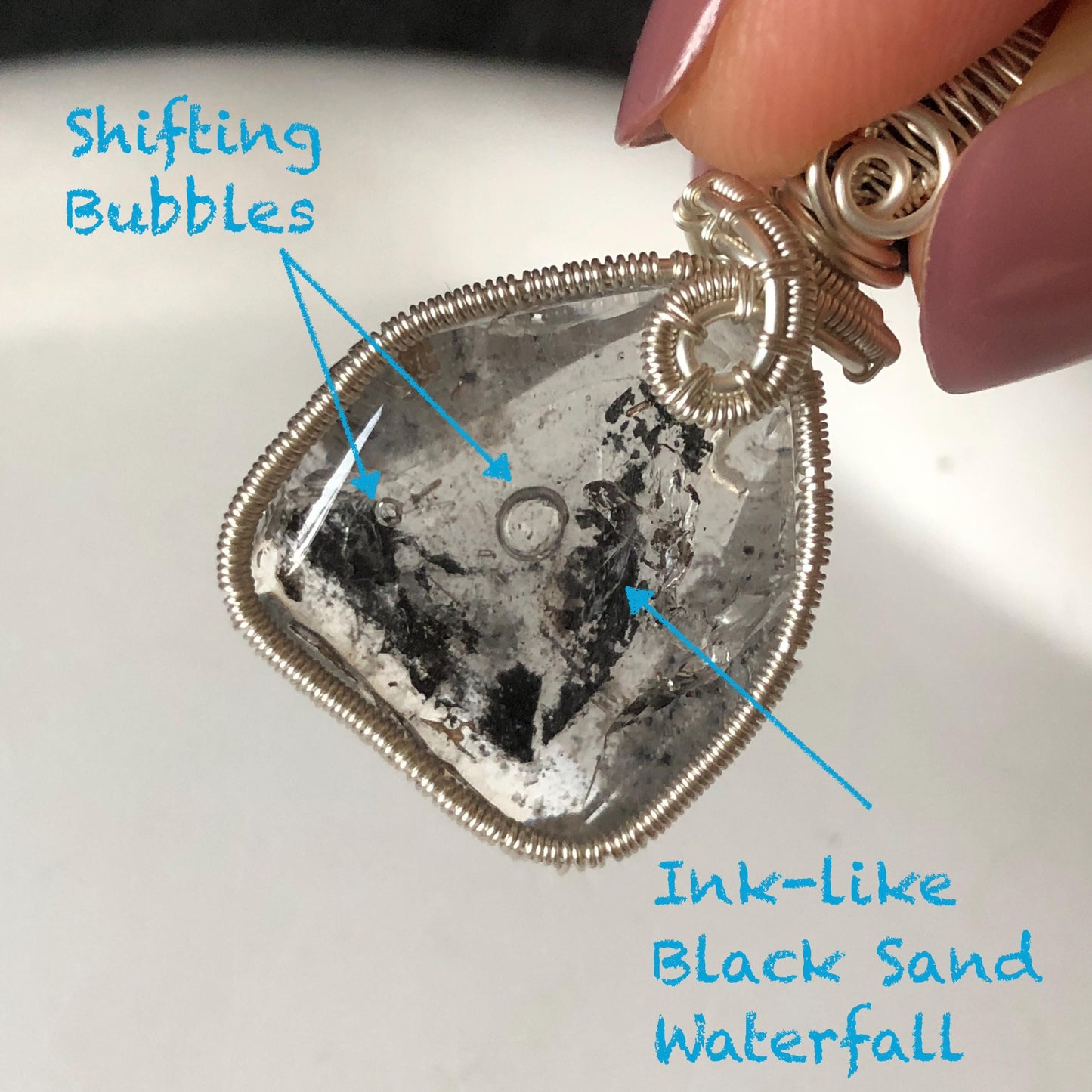 Rare Polished Enhydro Quartz (Herkimer Diamond) Wire Wrapped Small Pendant Adjustable Choker Necklace: Flowing Ink-like Black Sand Waterfall & Clear Bubbles Inclusion Crystal | Natural Gemstone Birthstone Gift for her  enhydro quartz sand water-fall pendant necklace choker gemstone charm stone pendant choker polished stone pendant crystal charm birthstone men necklace chakra crystal purify stone minerals specimen adjustable choker wire wrapped pendant sand inclusion crystal charm quick sand