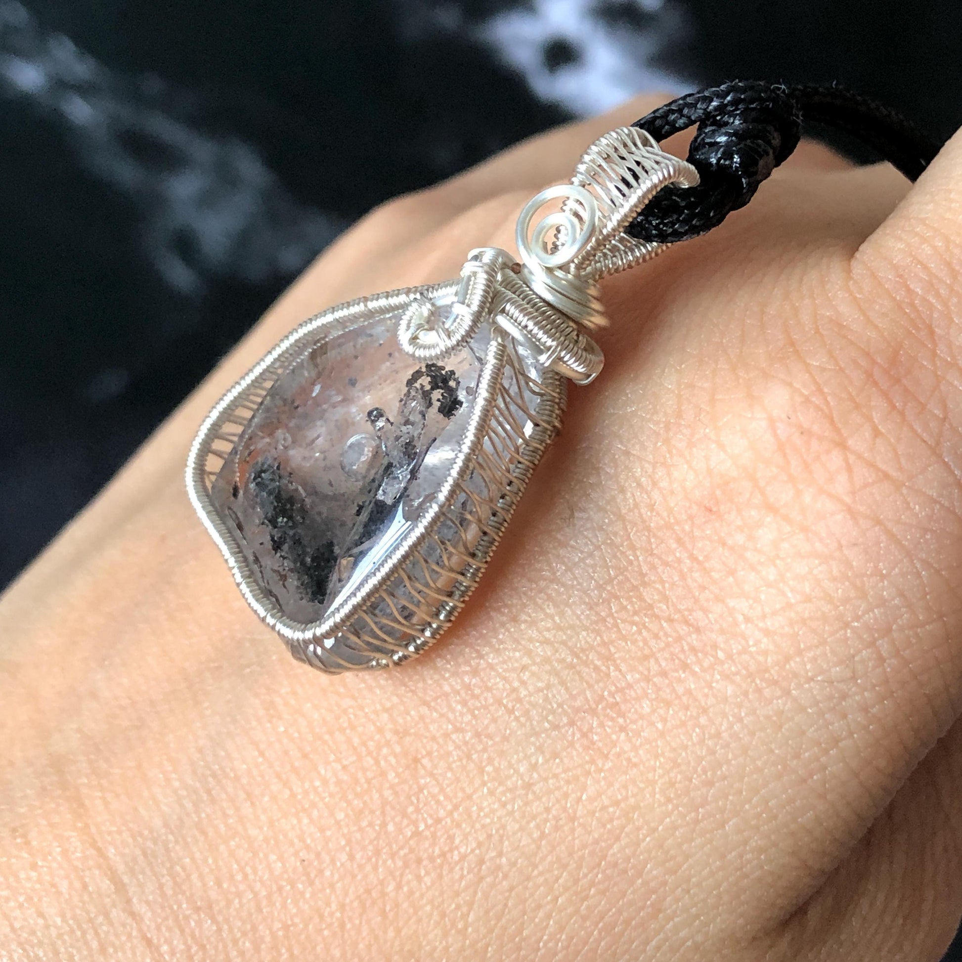 Rare Polished Enhydro Quartz (Herkimer Diamond) Wire Wrapped Small Pendant Adjustable Choker Necklace: Flowing Ink-like Black Sand Waterfall & Clear Bubbles Inclusion Crystal | Natural Gemstone Birthstone Gift for her  enhydro quartz sand water-fall pendant necklace choker gemstone charm stone pendant choker polished stone pendant crystal charm birthstone men necklace chakra crystal purify stone minerals specimen adjustable choker wire wrapped pendant sand inclusion crystal charm quick sand