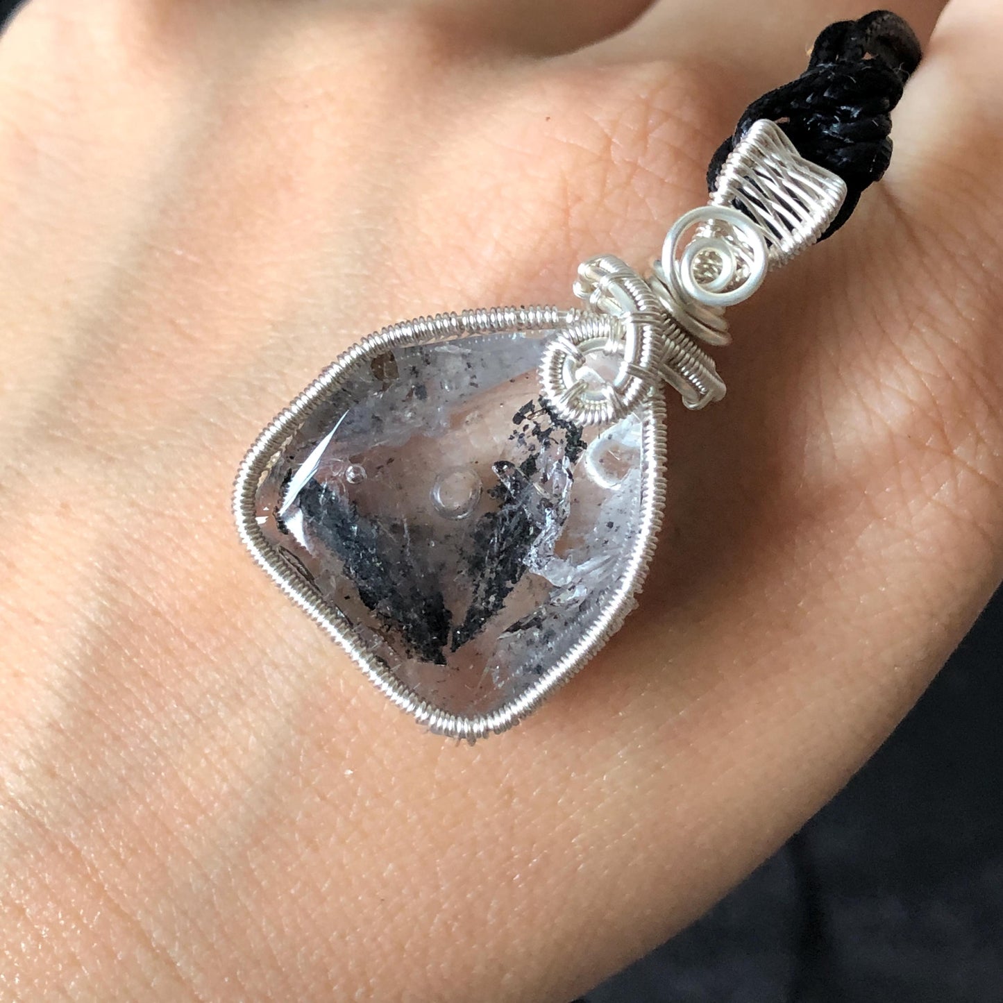 Rare Polished Enhydro Quartz (Herkimer Diamond) Wire Wrapped Small Pendant Adjustable Choker Necklace: Flowing Ink-like Black Sand Waterfall & Clear Bubbles Inclusion Crystal | Natural Gemstone Birthstone Gift for her  enhydro quartz sand water-fall pendant necklace choker gemstone charm stone pendant choker polished stone pendant crystal charm birthstone men necklace chakra crystal purify stone minerals specimen adjustable choker wire wrapped pendant sand inclusion crystal charm quick sand