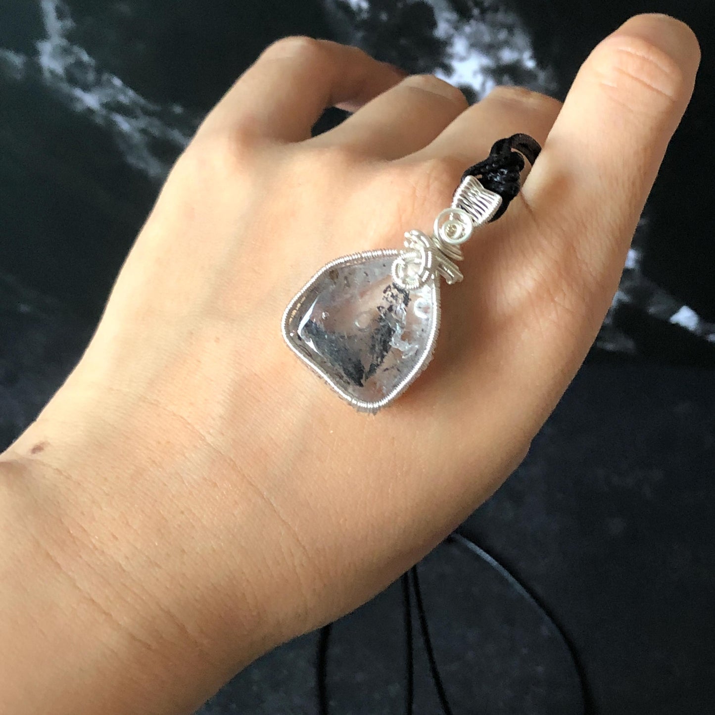 Rare Polished Enhydro Quartz (Herkimer Diamond) Wire Wrapped Small Pendant Adjustable Choker Necklace: Flowing Ink-like Black Sand Waterfall & Clear Bubbles Inclusion Crystal | Natural Gemstone Birthstone Gift for her  enhydro quartz sand water-fall pendant necklace choker gemstone charm stone pendant choker polished stone pendant crystal charm birthstone men necklace chakra crystal purify stone minerals specimen adjustable choker wire wrapped pendant sand inclusion crystal charm quick sand