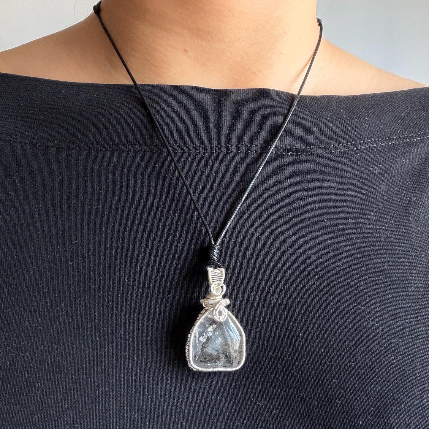 Rare Polished Enhydro Quartz (Herkimer Diamond) Wire Wrapped Small Pendant Adjustable Choker Necklace: Flowing Ink-like Black Sand Waterfall & Clear Bubbles Inclusion Crystal | Natural Gemstone Birthstone Gift for her  enhydro quartz sand water-fall pendant necklace choker gemstone charm stone pendant choker polished stone pendant crystal charm birthstone men necklace chakra crystal purify stone minerals specimen adjustable choker wire wrapped pendant sand inclusion crystal charm quick sand
