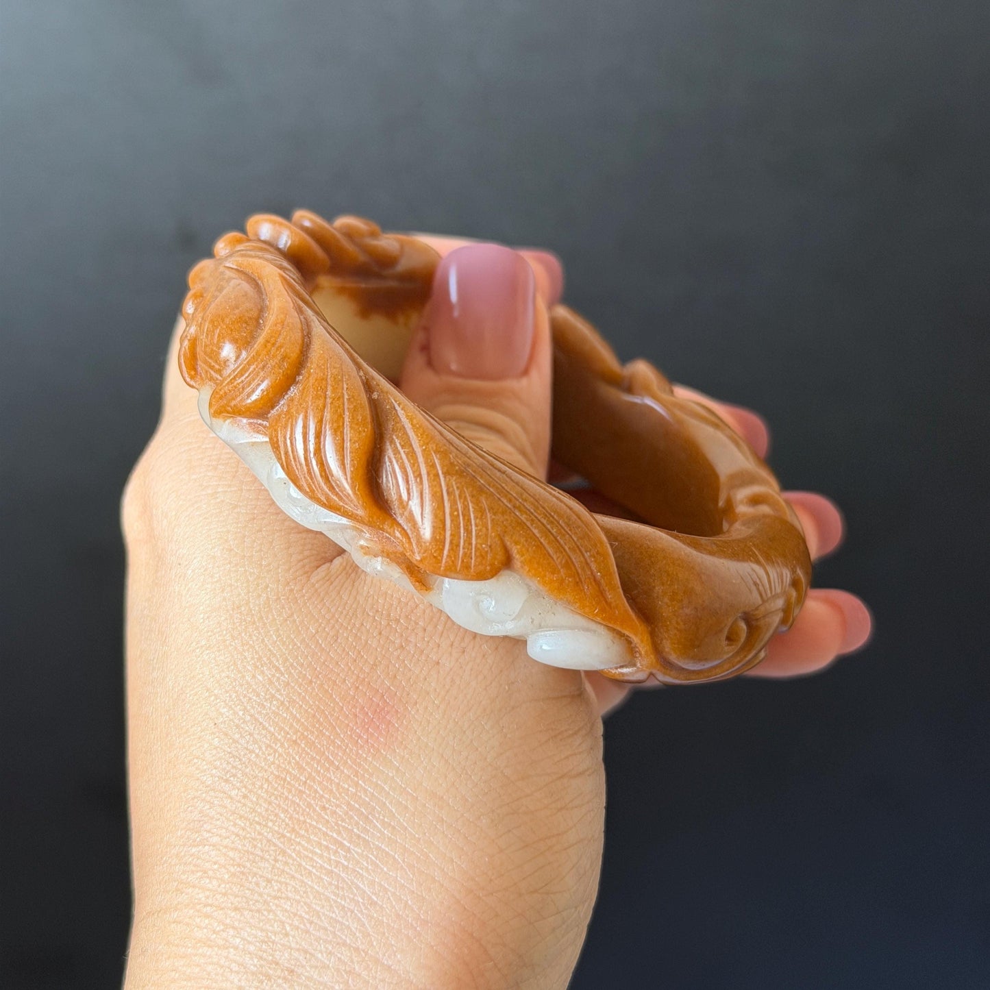 54.3mm SheTaiCui Jade (Quartzite) Hand Carved Goldfish with Coins & Ruyi Bangle:  Natural Bi-color Brown & White Stone Bracelet | Wealth & Good Luck | 3D stone carving Jade carving brown jade white jade animals carving fish lover gift hand engraved bracelet handcrafted bangle untreated jade goldfish carving