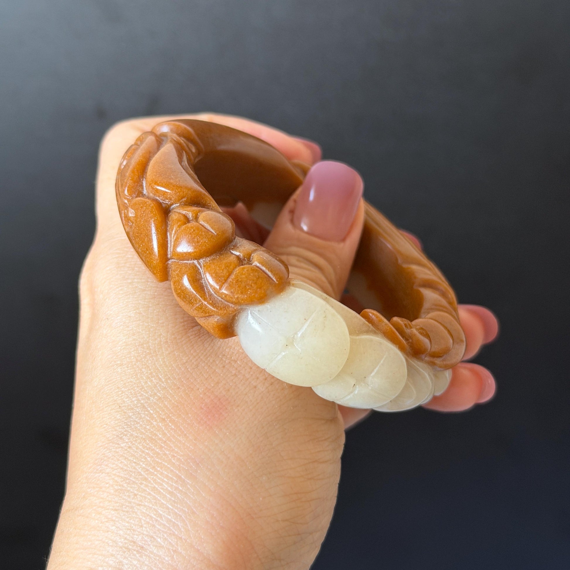 54.3mm SheTaiCui Jade (Quartzite) Hand Carved Goldfish with Coins & Ruyi Bangle:  Natural Bi-color Brown & White Stone Bracelet | Wealth & Good Luck | 3D stone carving Jade carving brown jade white jade animals carving fish lover gift hand engraved bracelet handcrafted bangle untreated jade goldfish carving