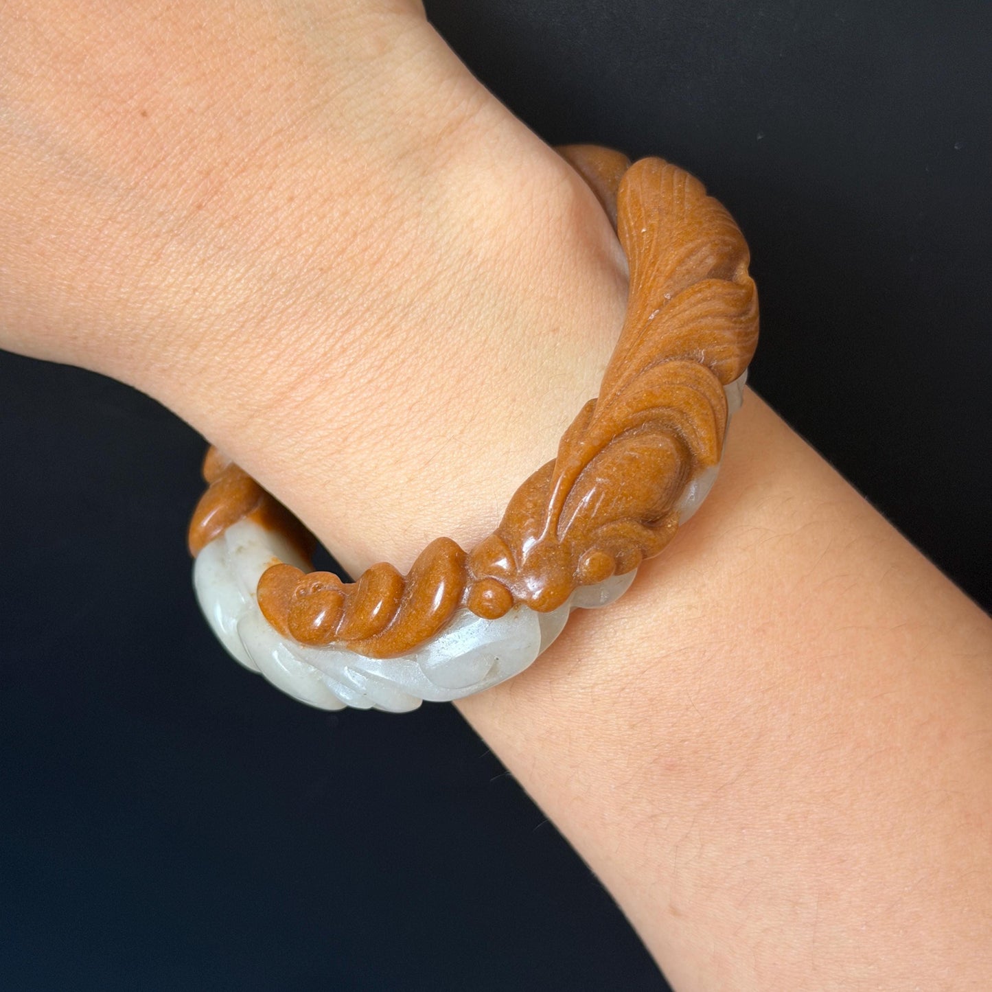 54.3mm SheTaiCui Jade (Quartzite) Hand Carved Goldfish with Coins & Ruyi Bangle:  Natural Bi-color Brown & White Stone Bracelet | Wealth & Good Luck | 3D stone carving Jade carving brown jade white jade animals carving fish lover gift hand engraved bracelet handcrafted bangle untreated jade goldfish carving