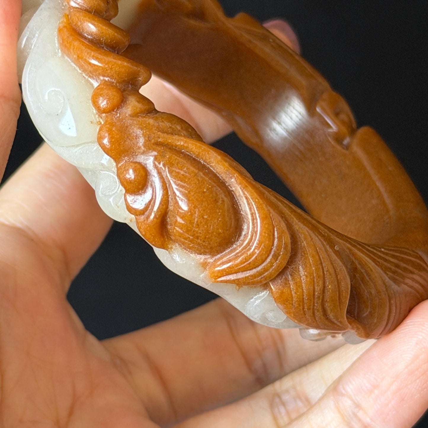 54.3mm SheTaiCui Jade (Quartzite) Hand Carved Goldfish with Coins & Ruyi Bangle:  Natural Bi-color Brown & White Stone Bracelet | Wealth & Good Luck | 3D stone carving Jade carving brown jade white jade animals carving fish lover gift hand engraved bracelet handcrafted bangle untreated jade goldfish carving