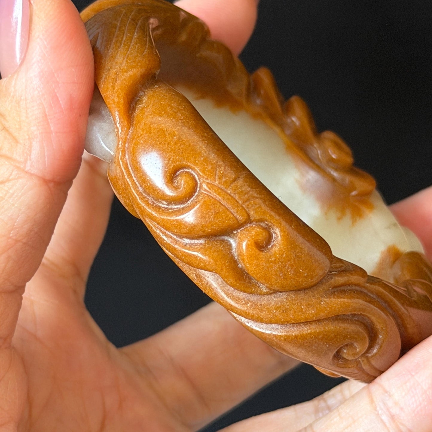 54.3mm SheTaiCui Jade (Quartzite) Hand Carved Goldfish with Coins & Ruyi Bangle:  Natural Bi-color Brown & White Stone Bracelet | Wealth & Good Luck | 3D stone carving Jade carving brown jade white jade animals carving fish lover gift hand engraved bracelet handcrafted bangle untreated jade goldfish carving