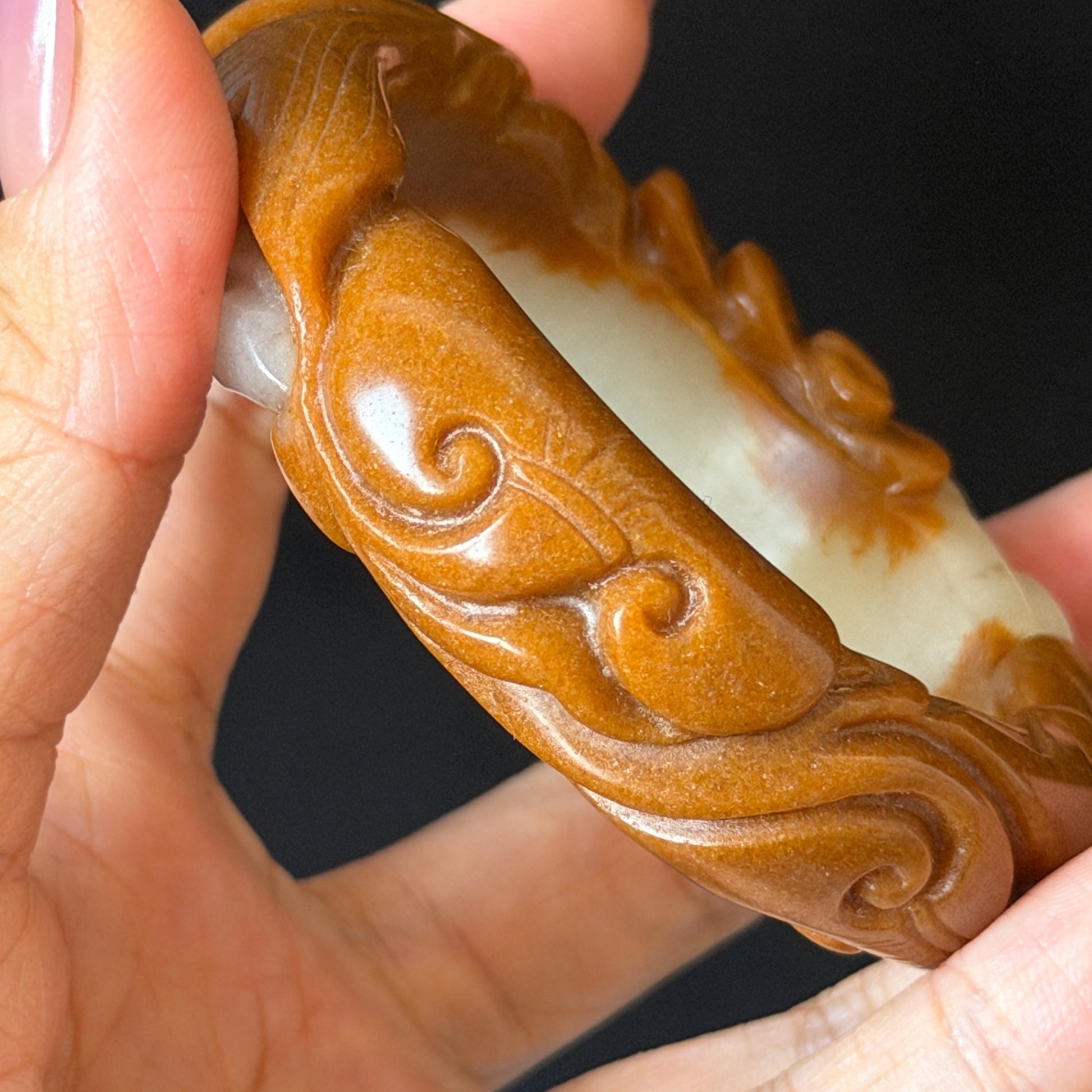 54.3mm SheTaiCui Jade (Quartzite) Hand Carved Goldfish with Coins & Ruyi Bangle:  Natural Bi-color Brown & White Stone Bracelet | Wealth & Good Luck | 3D stone carving Jade carving brown jade white jade animals carving fish lover gift hand engraved bracelet handcrafted bangle untreated jade goldfish carving