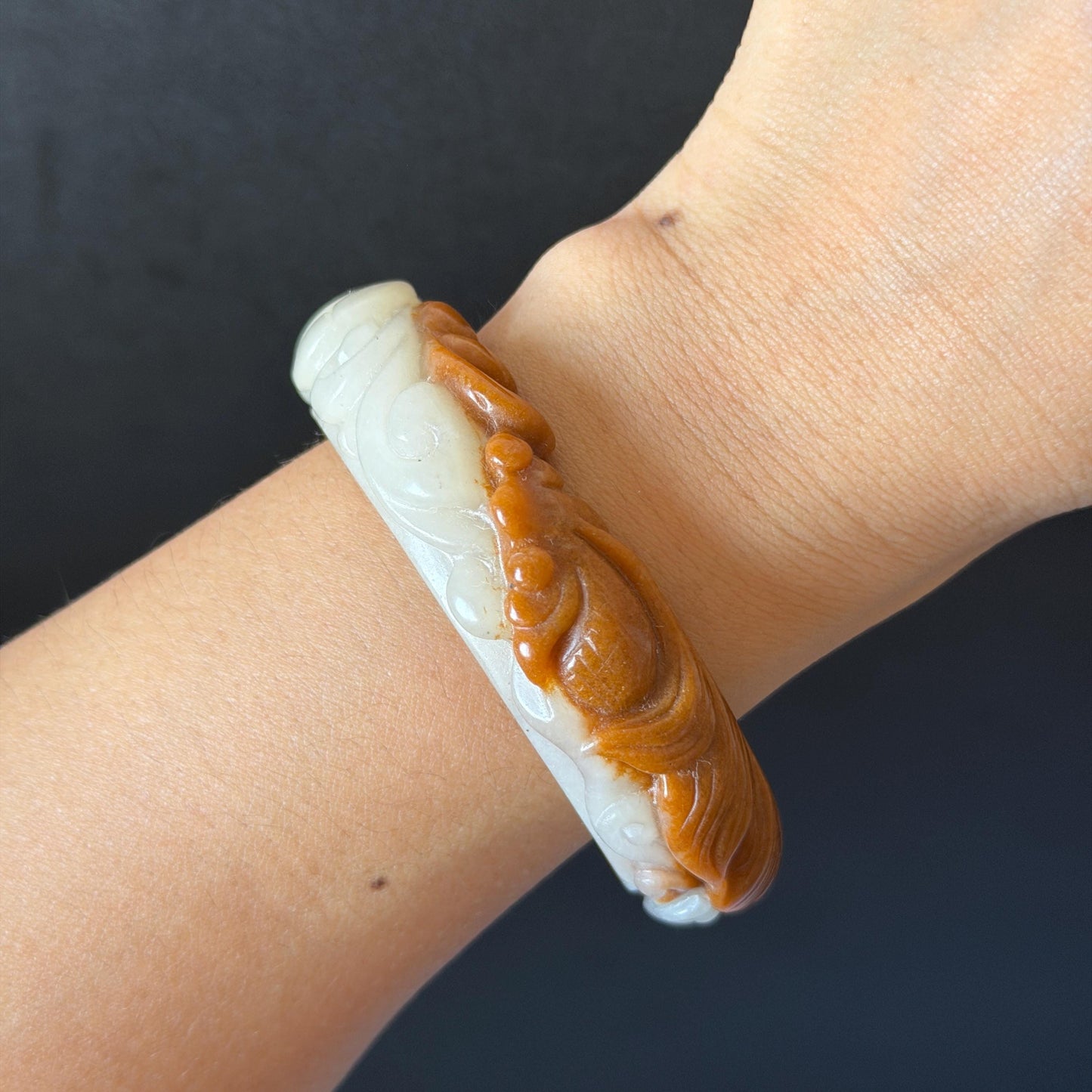 54.3mm SheTaiCui Jade (Quartzite) Hand Carved Goldfish with Coins & Ruyi Bangle:  Natural Bi-color Brown & White Stone Bracelet | Wealth & Good Luck | 3D stone carving Jade carving brown jade white jade animals carving fish lover gift hand engraved bracelet handcrafted bangle untreated jade goldfish carving
