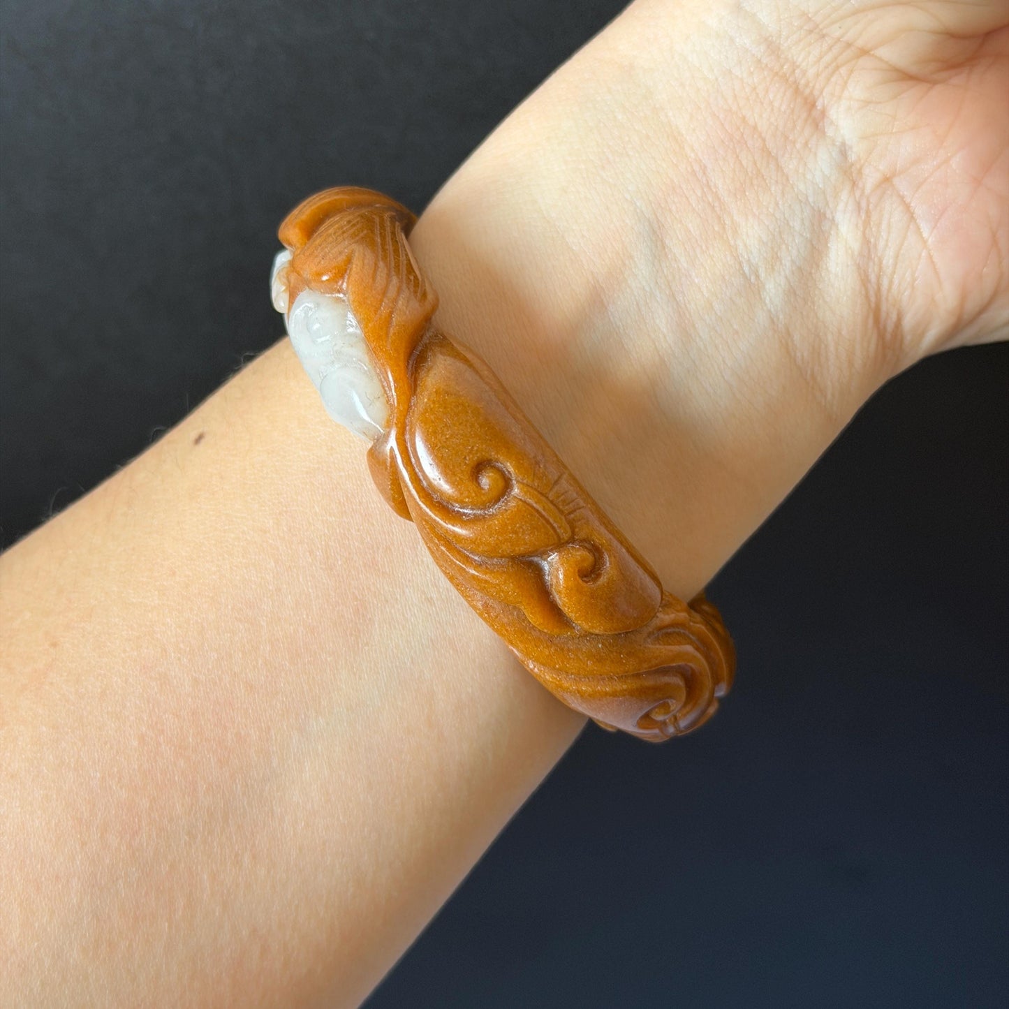 54.3mm SheTaiCui Jade (Quartzite) Hand Carved Goldfish with Coins & Ruyi Bangle:  Natural Bi-color Brown & White Stone Bracelet | Wealth & Good Luck | 3D stone carving Jade carving brown jade white jade animals carving fish lover gift hand engraved bracelet handcrafted bangle untreated jade goldfish carving