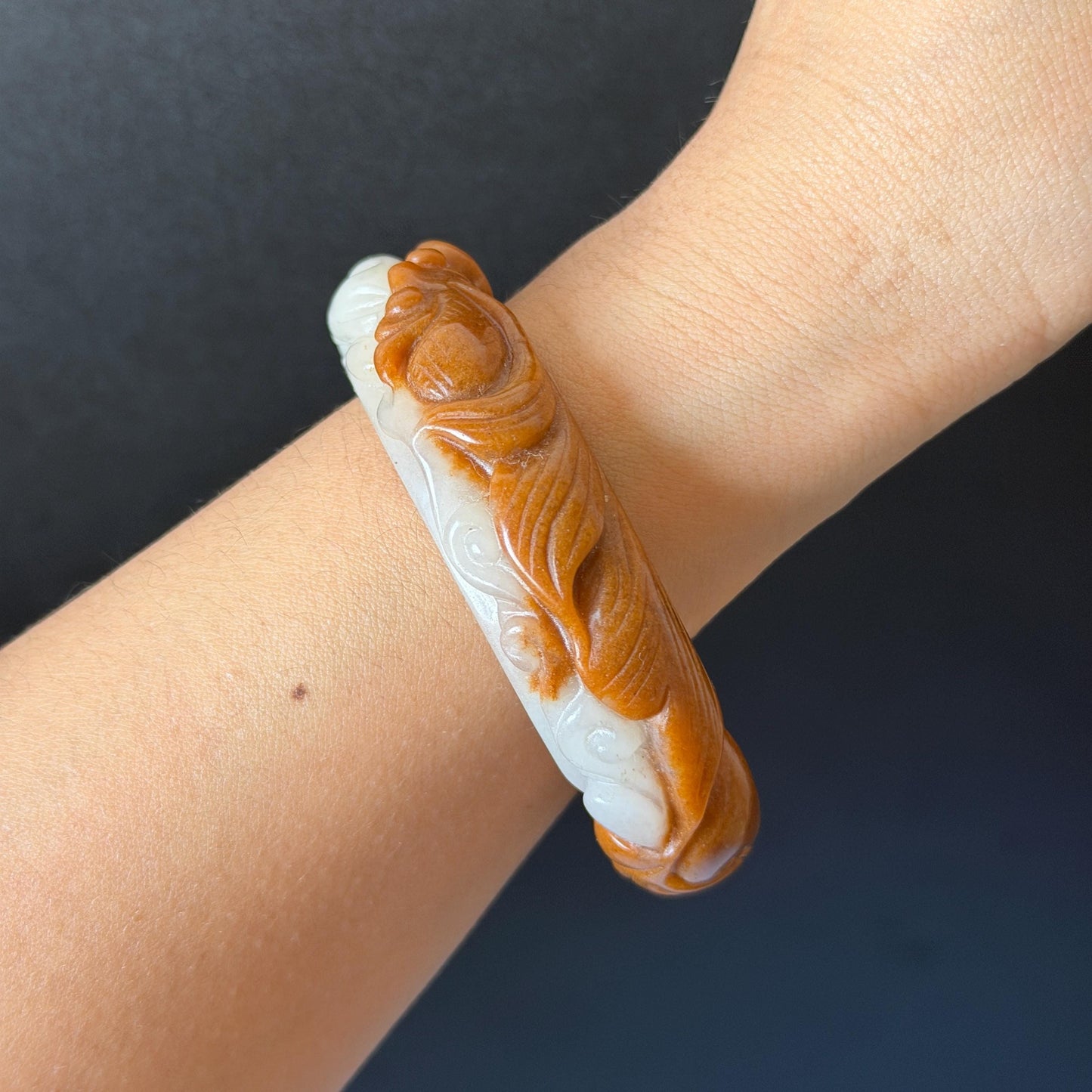 54.3mm SheTaiCui Jade (Quartzite) Hand Carved Goldfish with Coins & Ruyi Bangle:  Natural Bi-color Brown & White Stone Bracelet | Wealth & Good Luck | 3D stone carving Jade carving brown jade white jade animals carving fish lover gift hand engraved bracelet handcrafted bangle untreated jade goldfish carving