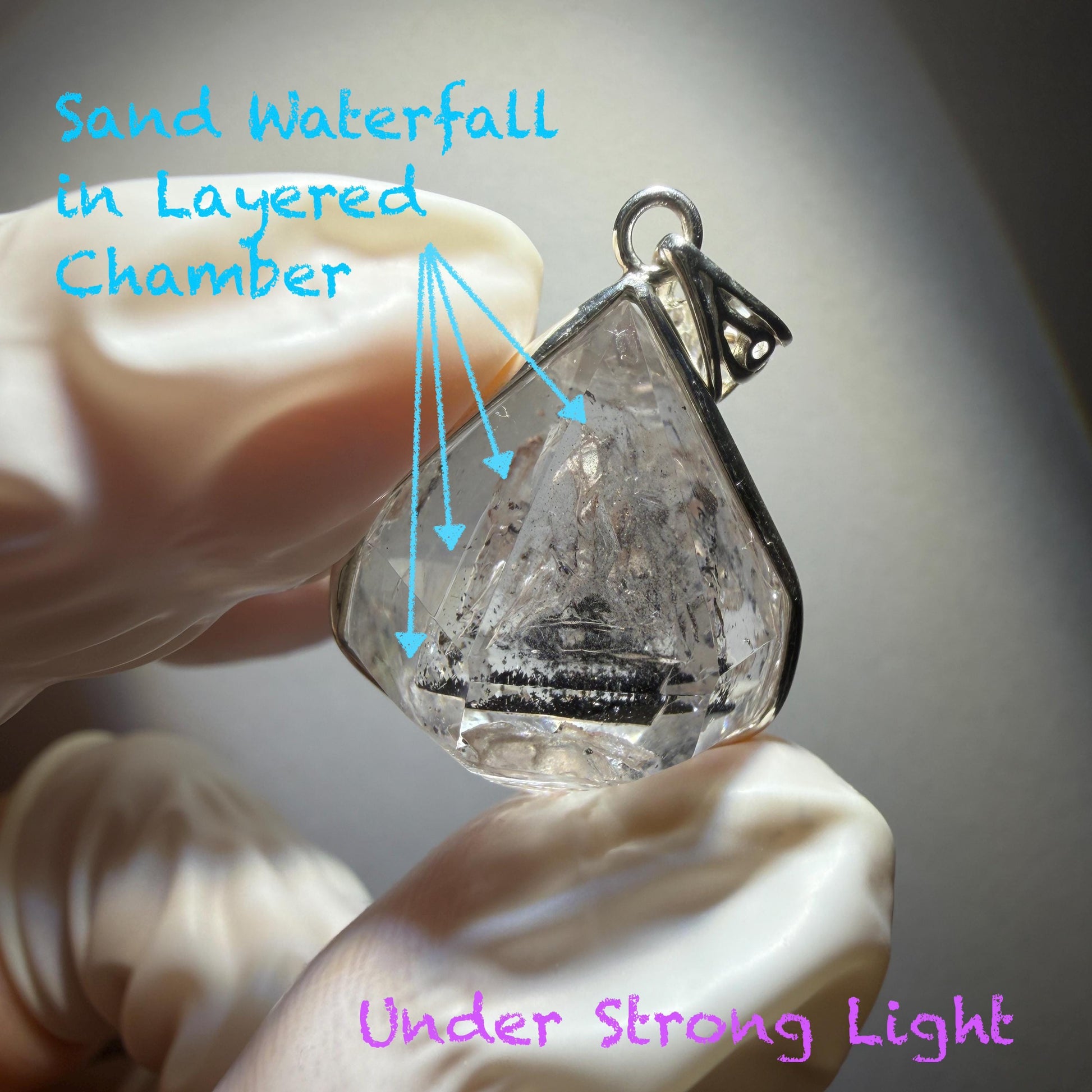 Polished Enhydro Quartz (Herkimer Diamond) Wire Wrapped Small S925 Silver Pendant Adjustable Necklace: Moving Sand Waterfall with Shifting Bubble Inclusion Crystal Natural Gemstone Birthstone Gift for her enhydro quartz sand water-fall pendant necklace choker gemstone charm stone pendant choker polished stone pendant crystal charm birthstone men necklace chakra crystal purify stone minerals specimen adjustable choker silver wire wrapped pendant sand inclusion crystal charm quick sand