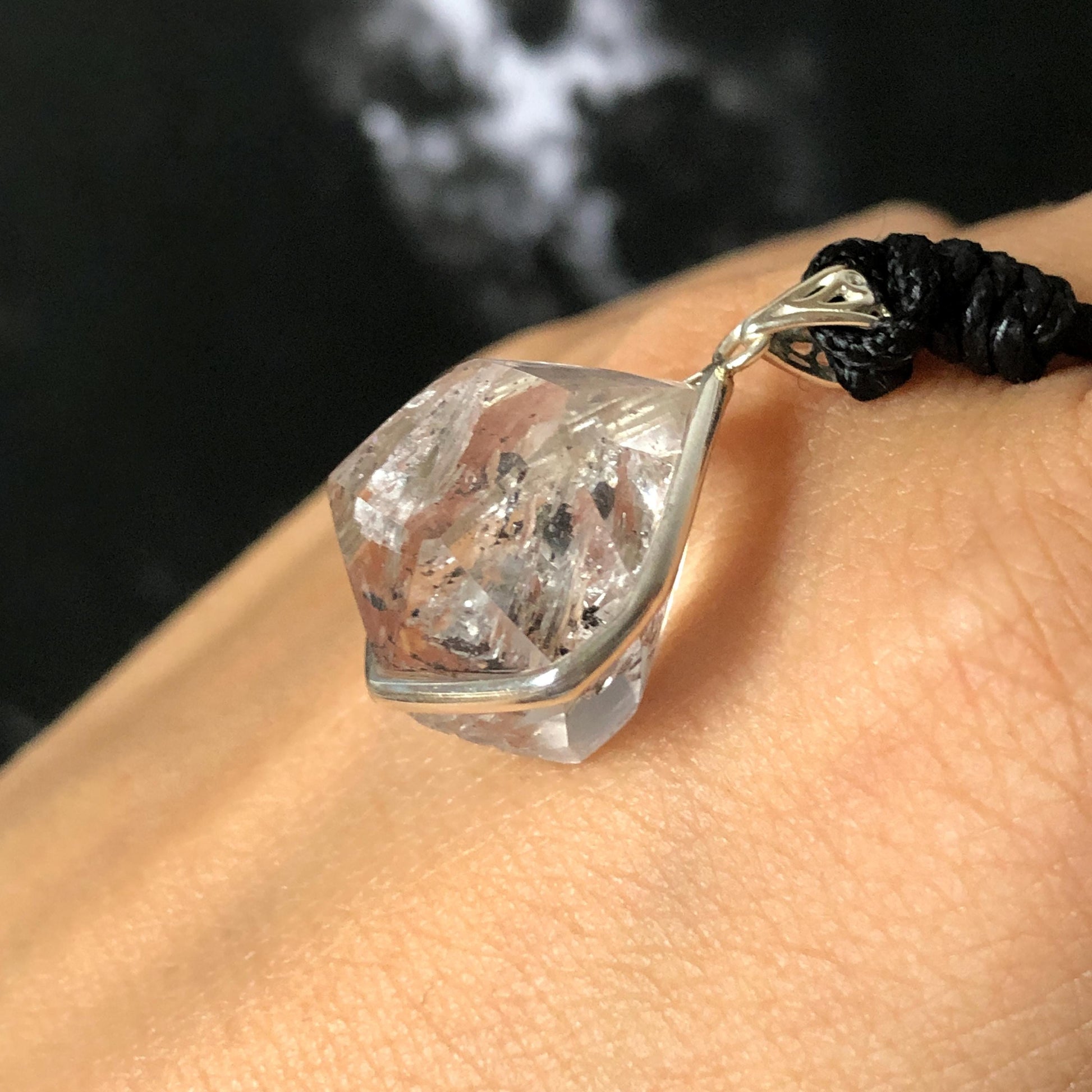 Polished Enhydro Quartz (Herkimer Diamond) Wire Wrapped Small S925 Silver Pendant Adjustable Necklace: Moving Sand Waterfall with Shifting Bubble Inclusion Crystal Natural Gemstone Birthstone Gift for her enhydro quartz sand water-fall pendant necklace choker gemstone charm stone pendant choker polished stone pendant crystal charm birthstone men necklace chakra crystal purify stone minerals specimen adjustable choker silver wire wrapped pendant sand inclusion crystal charm quick sand