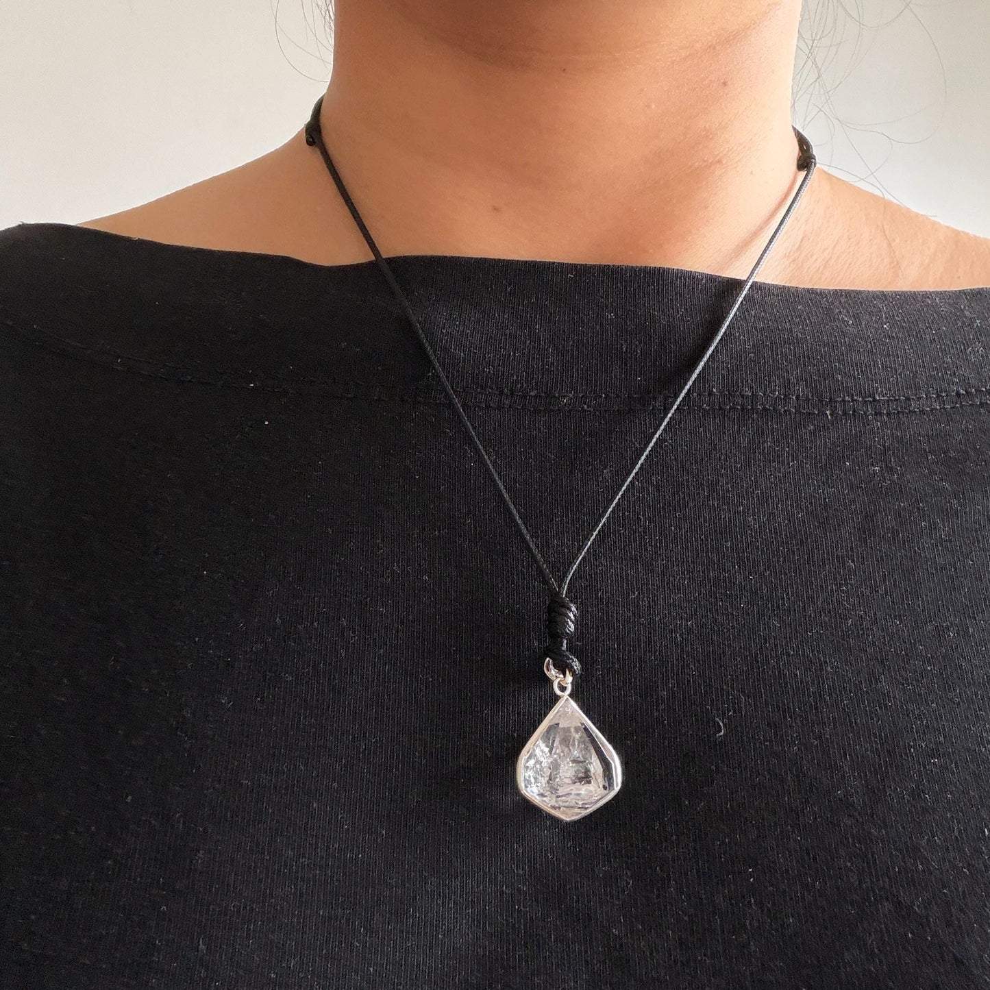 Polished Enhydro Quartz (Herkimer Diamond) Wire Wrapped Small S925 Silver Pendant Adjustable Necklace: Moving Sand Waterfall with Shifting Bubble Inclusion Crystal Natural Gemstone Birthstone Gift for her enhydro quartz sand water-fall pendant necklace choker gemstone charm stone pendant choker polished stone pendant crystal charm birthstone men necklace chakra crystal purify stone minerals specimen adjustable choker silver wire wrapped pendant sand inclusion crystal charm quick sand