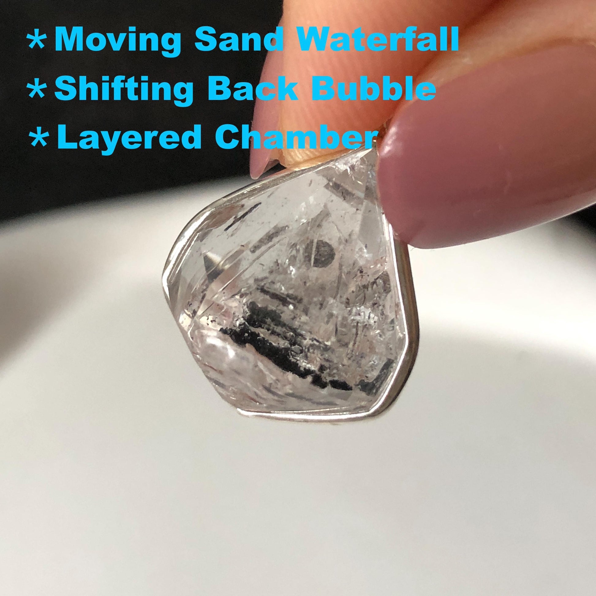 Polished Enhydro Quartz (Herkimer Diamond) Wire Wrapped Small S925 Silver Pendant Adjustable Necklace: Moving Sand Waterfall with Shifting Bubble Inclusion Crystal Natural Gemstone Birthstone Gift for her enhydro quartz sand water-fall pendant necklace choker gemstone charm stone pendant choker polished stone pendant crystal charm birthstone men necklace chakra crystal purify stone minerals specimen adjustable choker silver wire wrapped pendant sand inclusion crystal charm quick sand