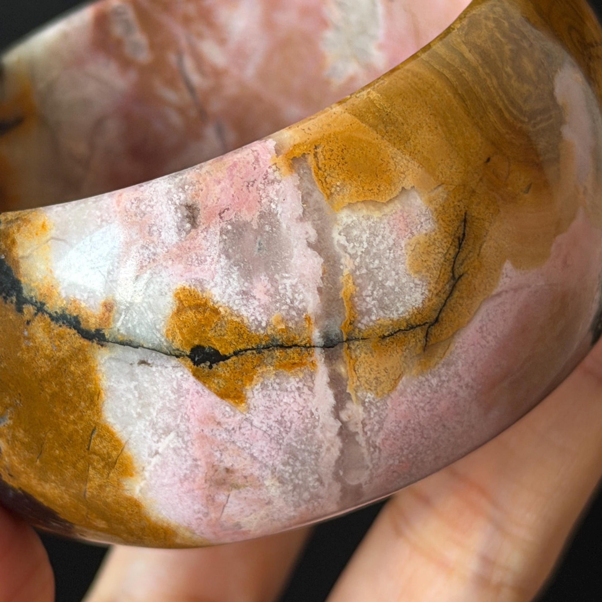 57.1mm Rhodonite Stone Bangle: Golden Fish and Maple forest Scenery Bracelet | Natural Gold Yellow & Baby Pink Healing Stone Gift for her rhodonite bangle pink rhodonite bracelet pink crystal bracelet pink stone bangle pink gemstone bracelet golden crystal wide bangle healing crystal love stone meditative crystal heart chakra crystal vintage bangle gemstone bangle dragon bangle dragon bracelet brown bangle flower crystal flower lover gift women bangle fish lover gift Golden Arowana maple leaves