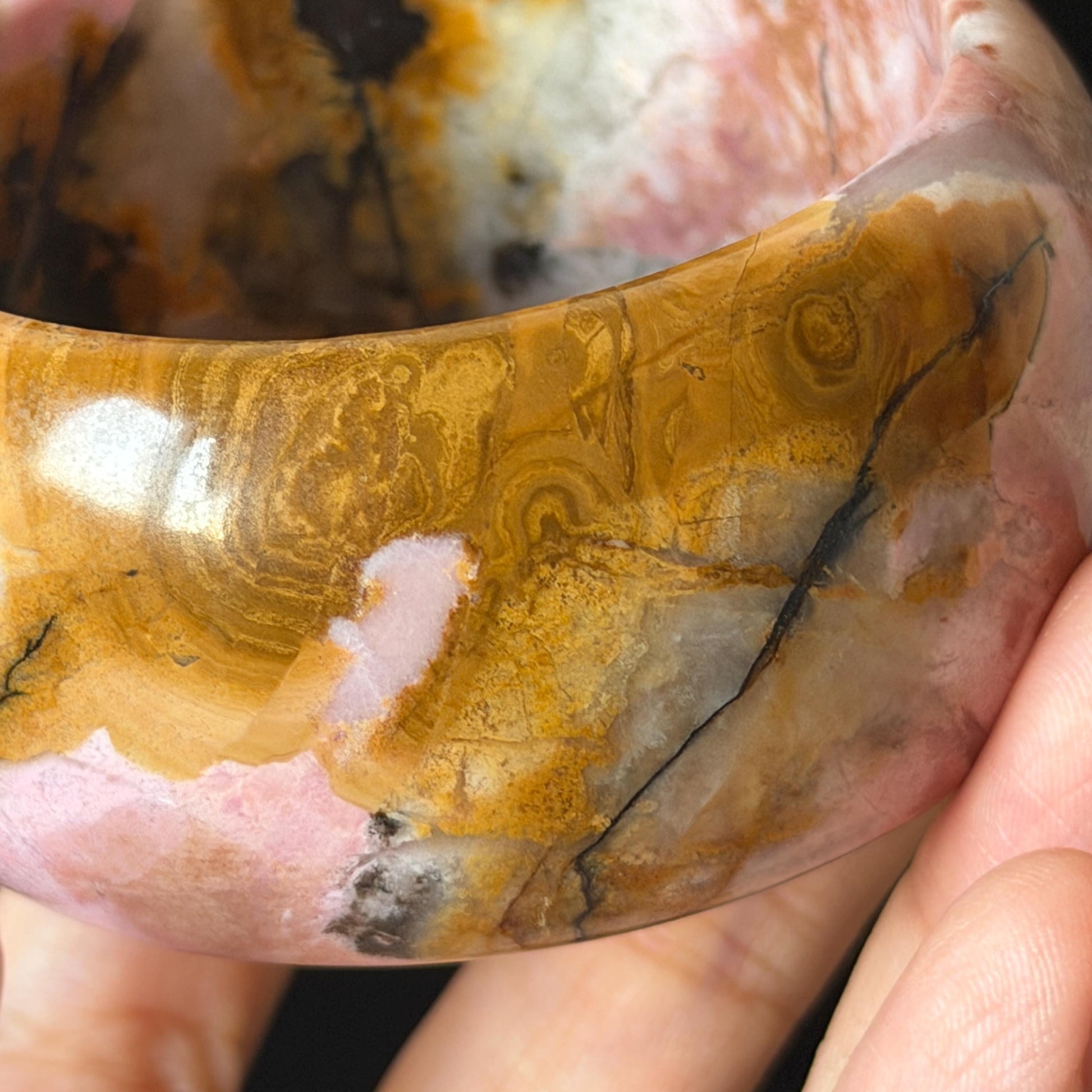 57.1mm Rhodonite Stone Bangle: Golden Fish and Maple forest Scenery Bracelet | Natural Gold Yellow & Baby Pink Healing Stone Gift for her rhodonite bangle pink rhodonite bracelet pink crystal bracelet pink stone bangle pink gemstone bracelet golden crystal wide bangle healing crystal love stone meditative crystal heart chakra crystal vintage bangle gemstone bangle dragon bangle dragon bracelet brown bangle flower crystal flower lover gift women bangle fish lover gift Golden Arowana maple leaves