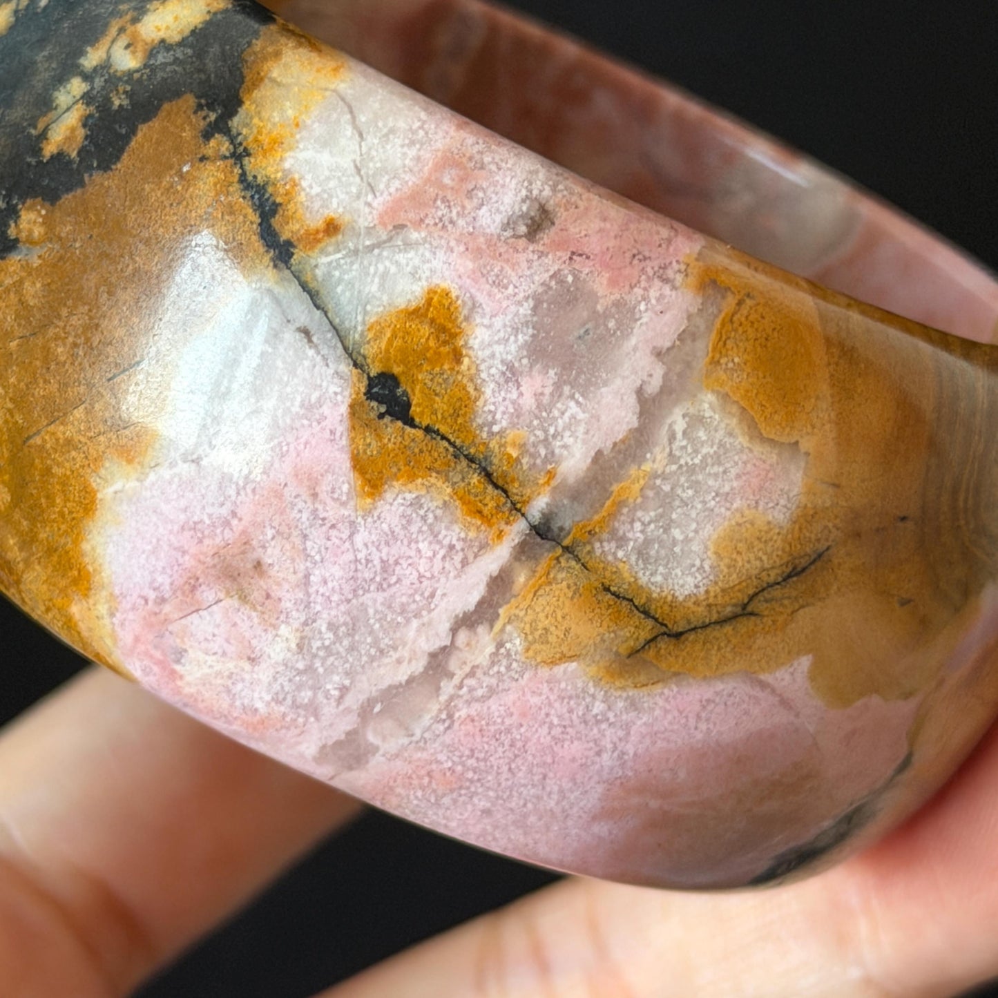 57.1mm Rhodonite Stone Bangle: Golden Fish and Maple forest Scenery Bracelet | Natural Gold Yellow & Baby Pink Healing Stone Gift for her rhodonite bangle pink rhodonite bracelet pink crystal bracelet pink stone bangle pink gemstone bracelet golden crystal wide bangle healing crystal love stone meditative crystal heart chakra crystal vintage bangle gemstone bangle dragon bangle dragon bracelet brown bangle flower crystal flower lover gift women bangle fish lover gift Golden Arowana maple leaves