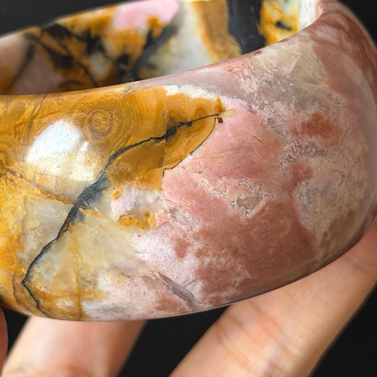 57.1mm Rhodonite Stone Bangle: Golden Fish and Maple forest Scenery Bracelet | Natural Gold Yellow & Baby Pink Healing Stone Gift for her rhodonite bangle pink rhodonite bracelet pink crystal bracelet pink stone bangle pink gemstone bracelet golden crystal wide bangle healing crystal love stone meditative crystal heart chakra crystal vintage bangle gemstone bangle dragon bangle dragon bracelet brown bangle flower crystal flower lover gift women bangle fish lover gift Golden Arowana maple leaves